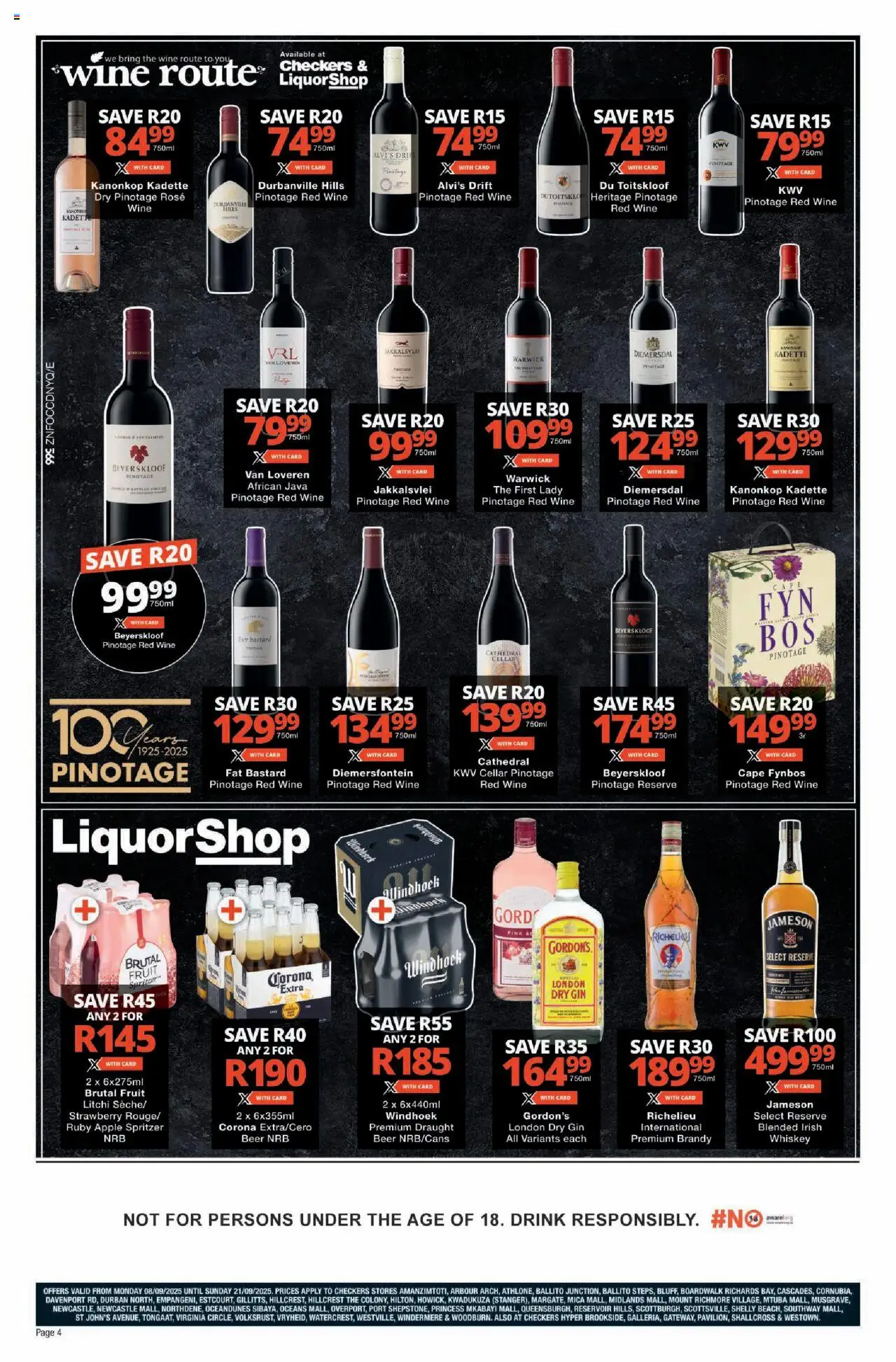 New Checkers catalogue – valid from 08.09.2025 | Page: 4 | Products: Wine, Beer, Sprite, Whiskey