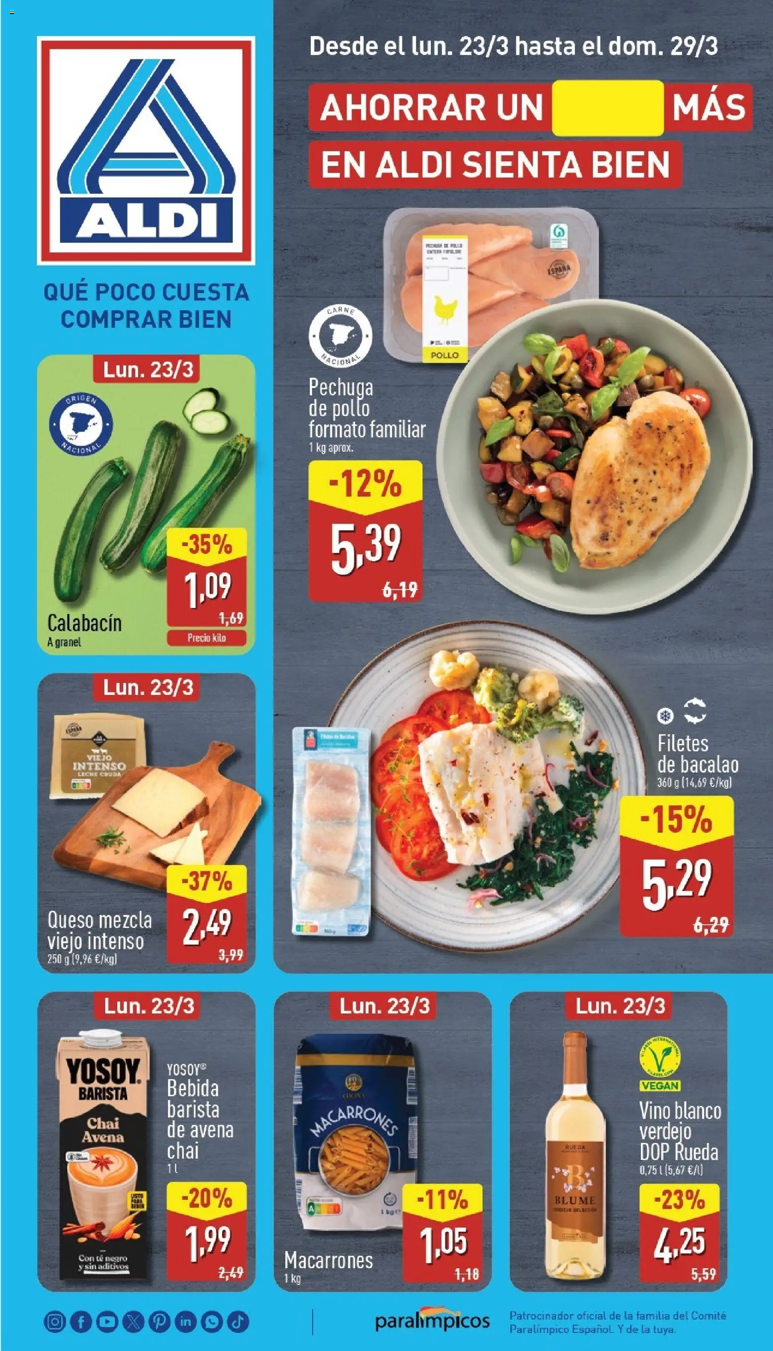 Aldi folleto Península │ válido desde el 23.03.2026 | Página: 1 | Productos: Calabacín, Leche, Vino, Té
