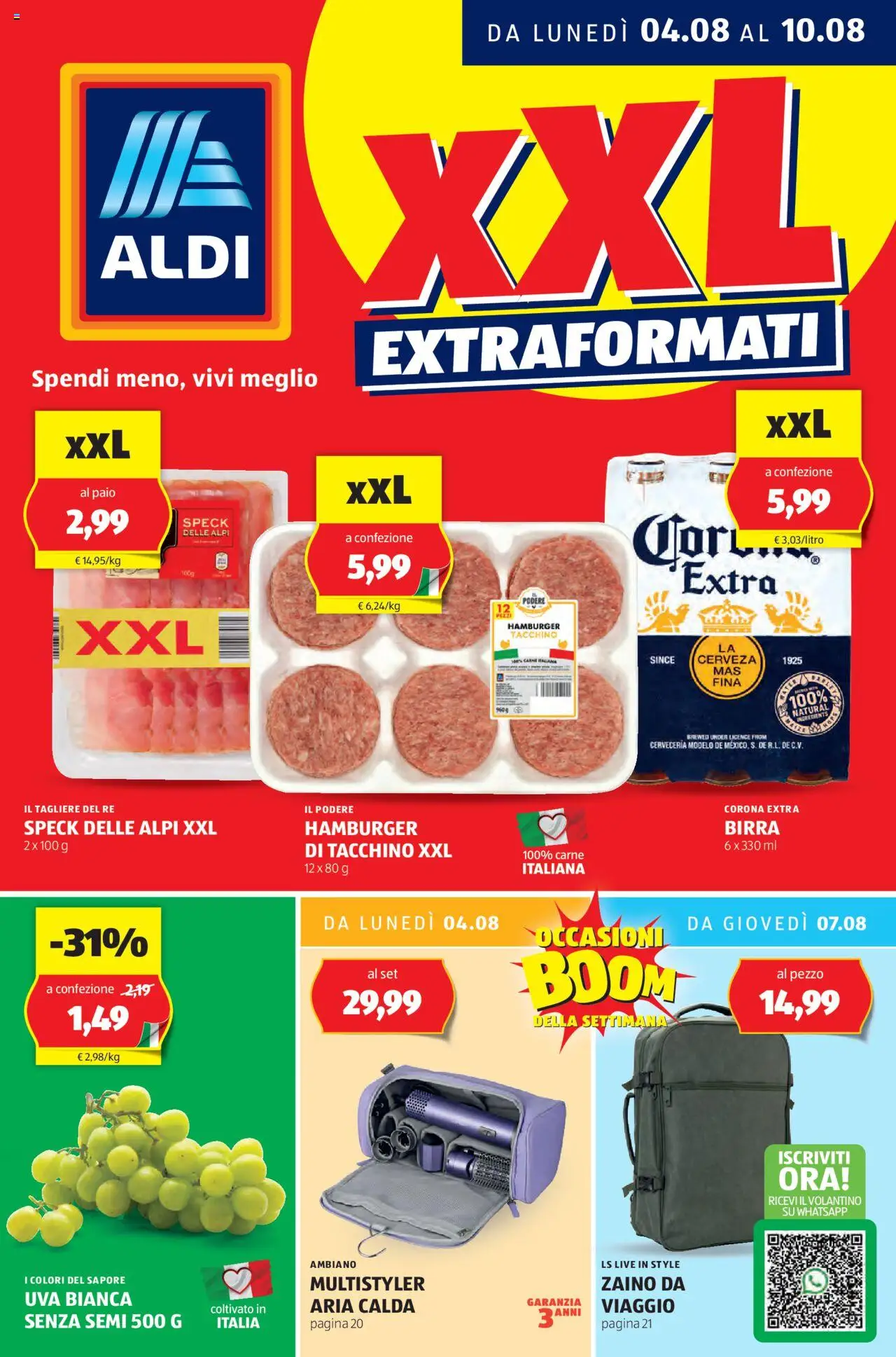 Volantino Aldi del 04.08.2025 | Pagina: 1 | Prodotti: Birra, Tacchino, Zaino, Hamburger
