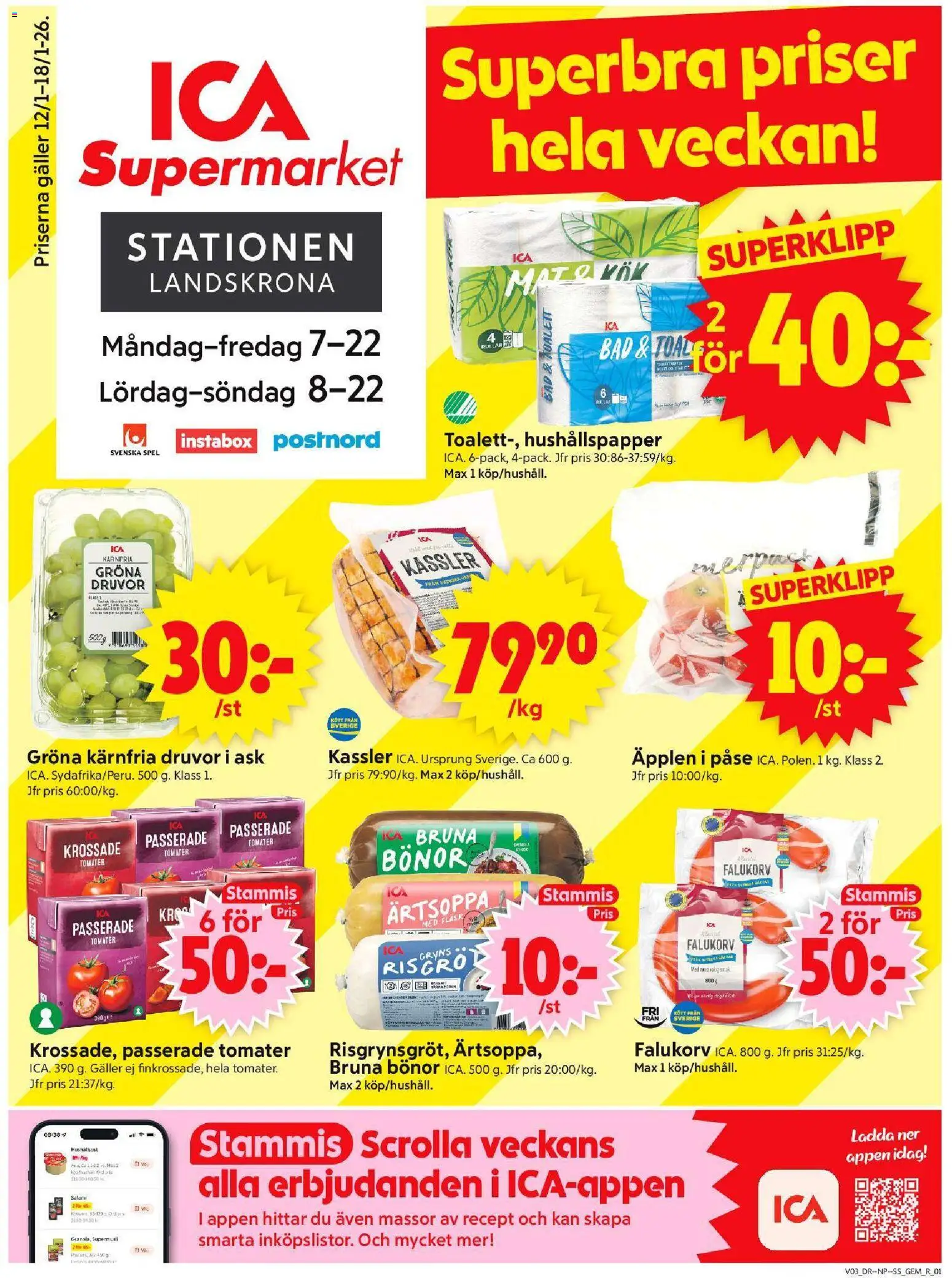 ICA Supermarket reklamblad aktuell från 12.01.2026 | Sida: 1 | Produkter: Toalett, Salami, Äpplen, Spel
