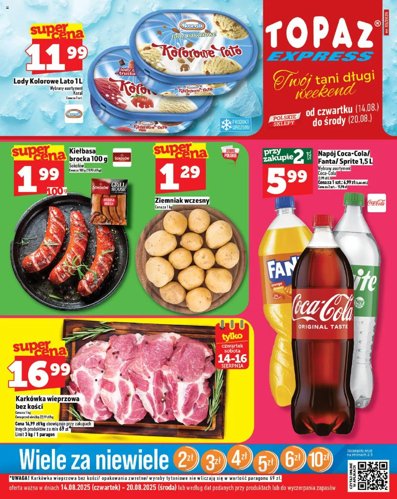 Topaz Gazetka - Express od 14.08.2025 | Strona: 1 | Produkty: Karkówka, Karkówka wieprzowa, Sprite, Lody