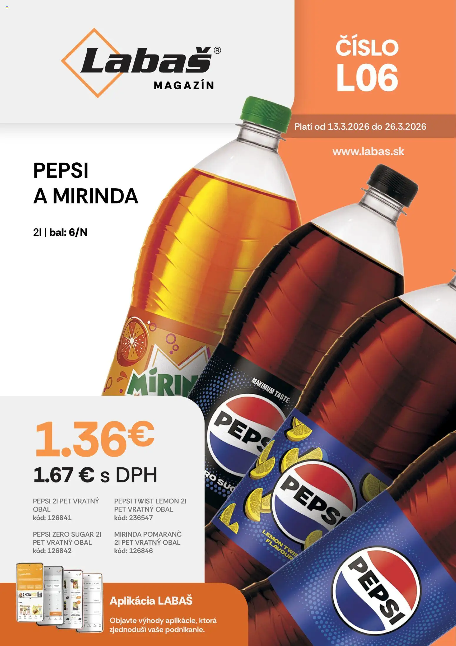 Nové Labaš akcie – leták je platný od 13.03.2026 | Strana: 1 | Produkty: Pepsi, Mirinda