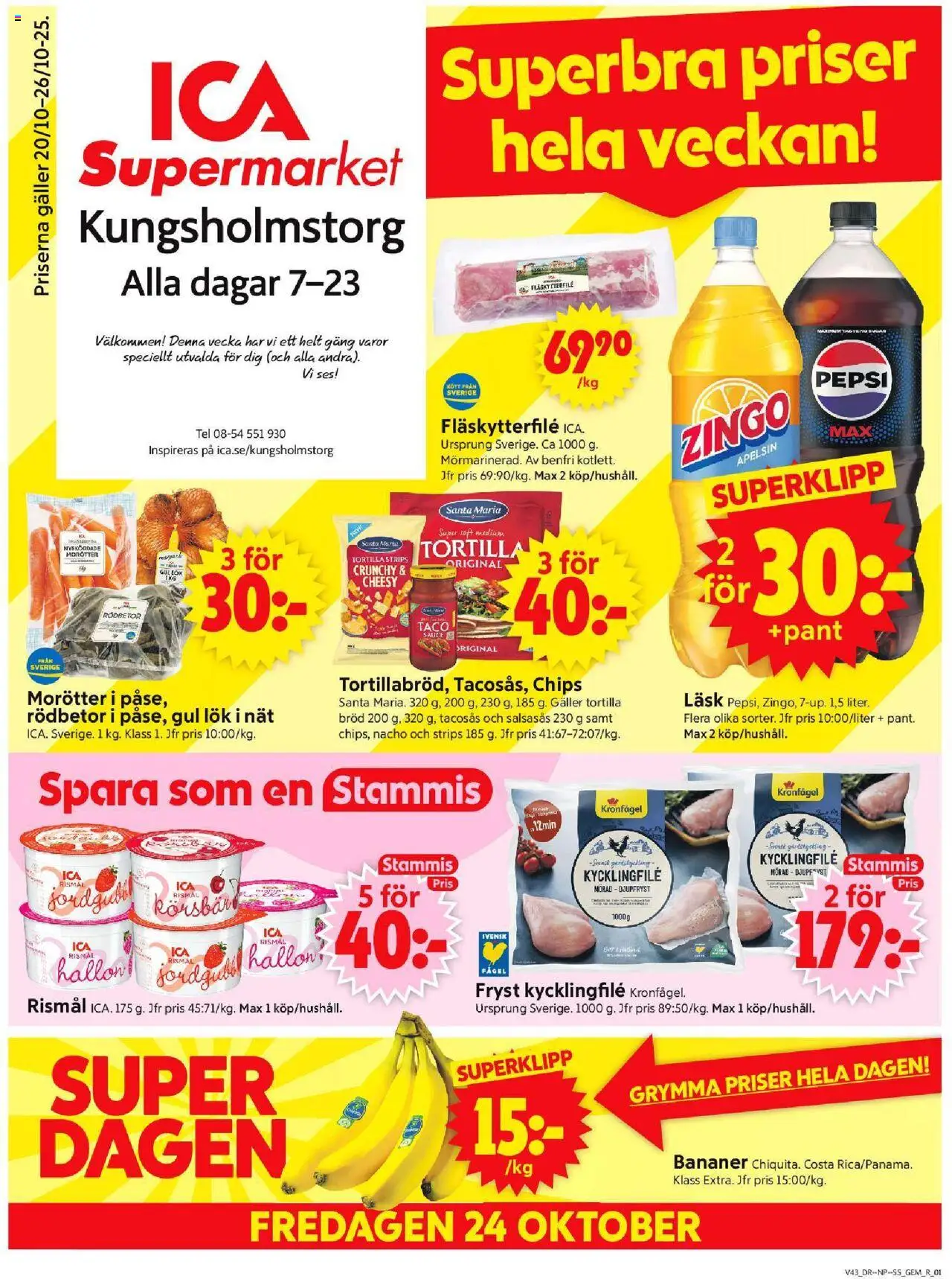 ICA Supermarket reklamblad aktuell från 20.10.2025 | Sida: 1 | Produkter: Galler, Chips, Pepsi, Bröd