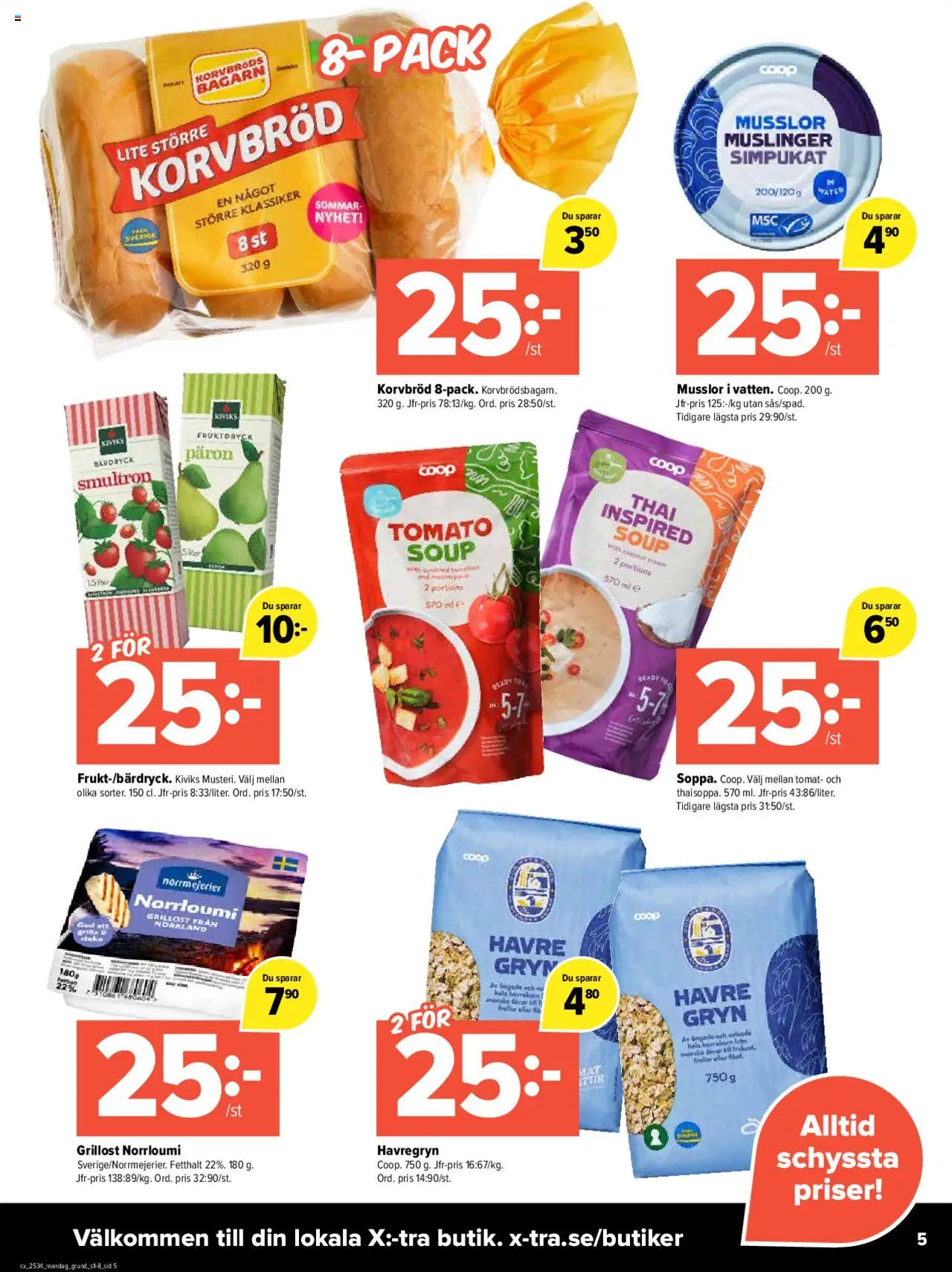 Coop X:-TRA reklamblad aktuell från 18.08.2025 | Sida: 5 | Produkter: Grillost, Korvbröd, Havregryn
