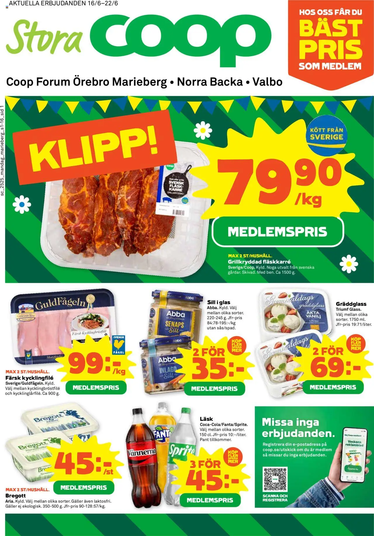 Coop Forum reklamblad aktuell från 16.06.2025 | Sida: 1 | Produkter: Kycklingfile, Galler, Bregott, Sprite