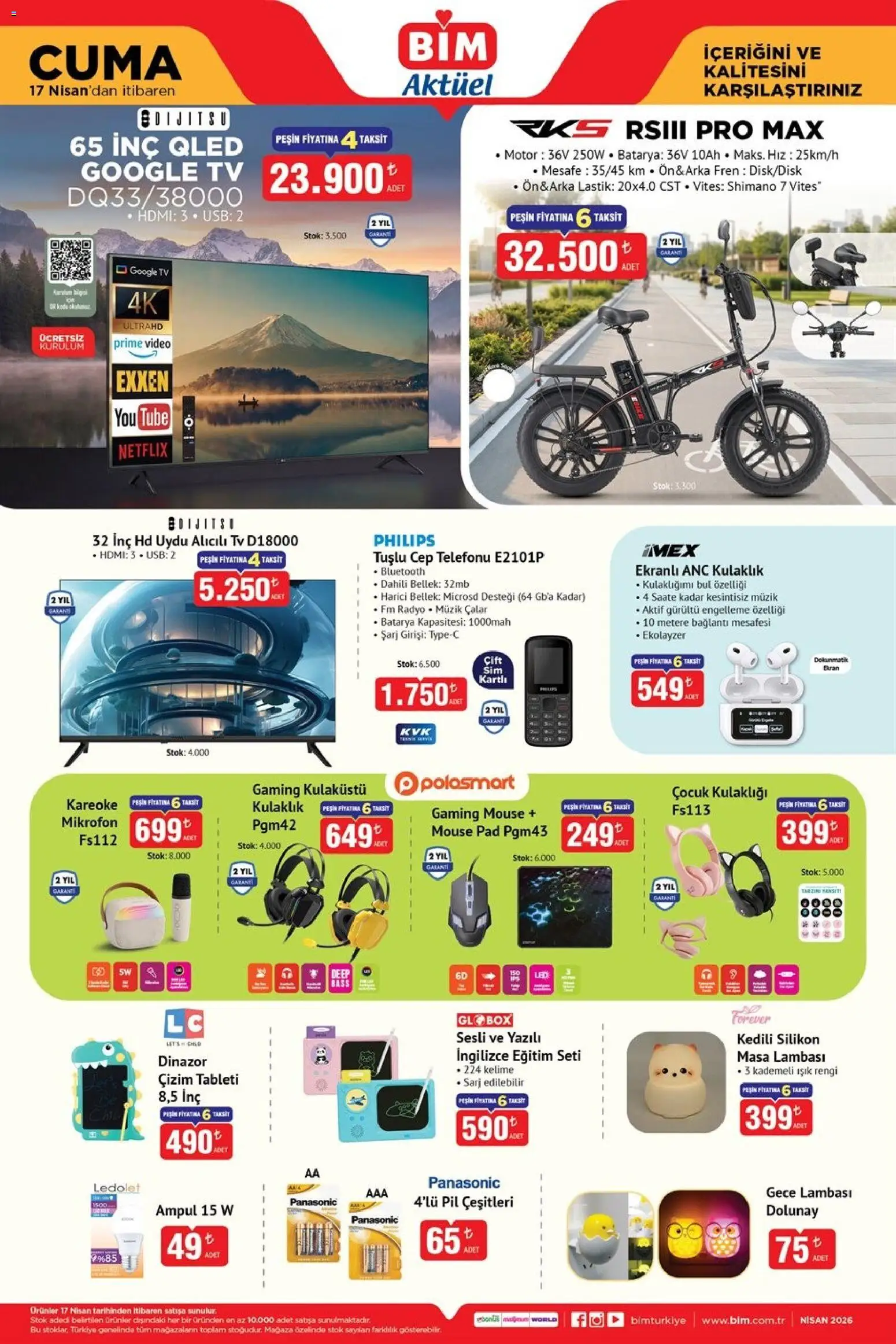 BİM - Katalog Cuma - 17.04.2026 tarihinden itibaren geçerlidir | Sayfa: 1 | Ürünler: Masa lambası, Lastik, TV, USB