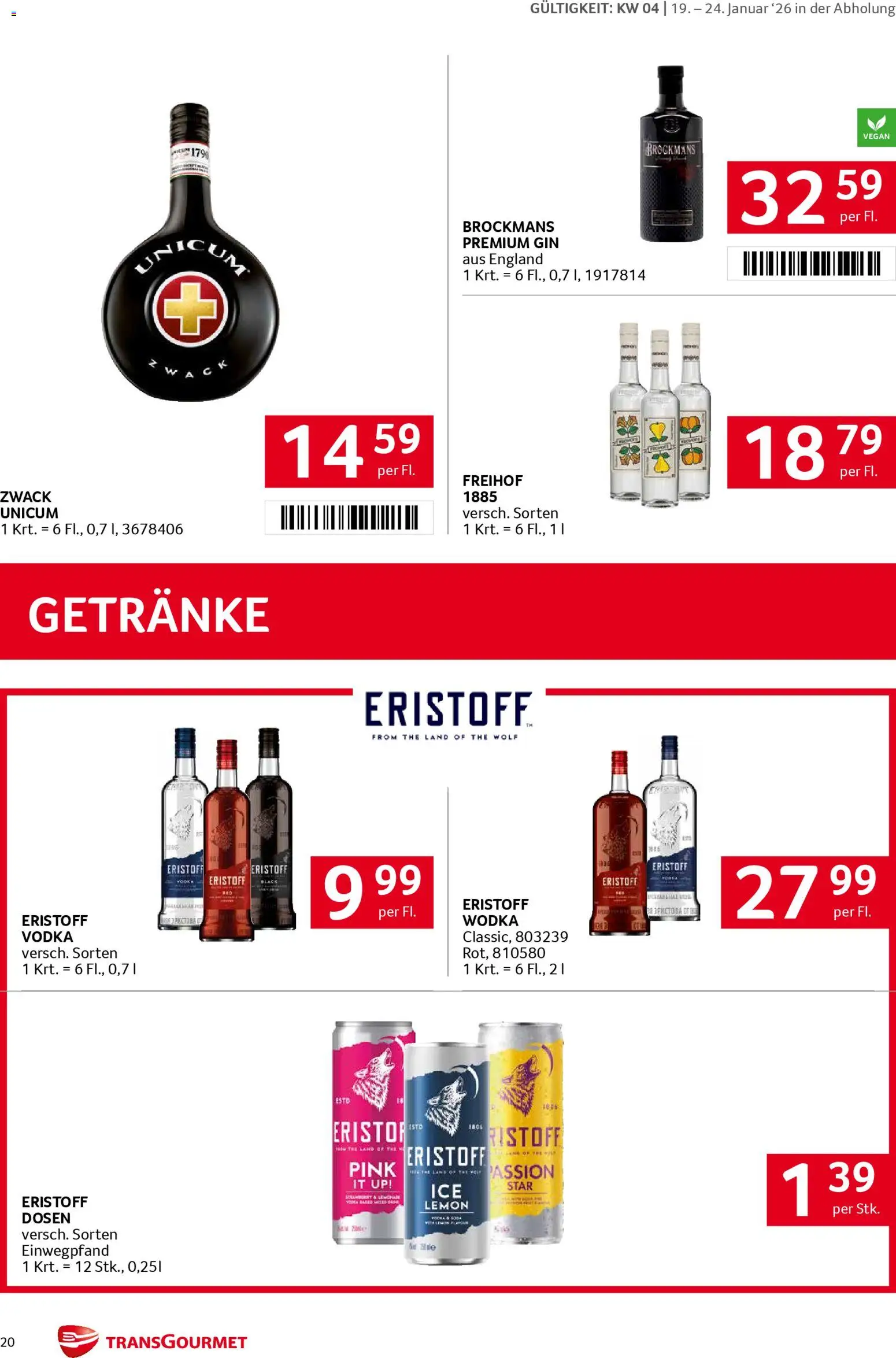 Transgourmet Flugblatt gültig ab 19.01.2026 | Seite: 20 | Produkte: Gin, Wodka