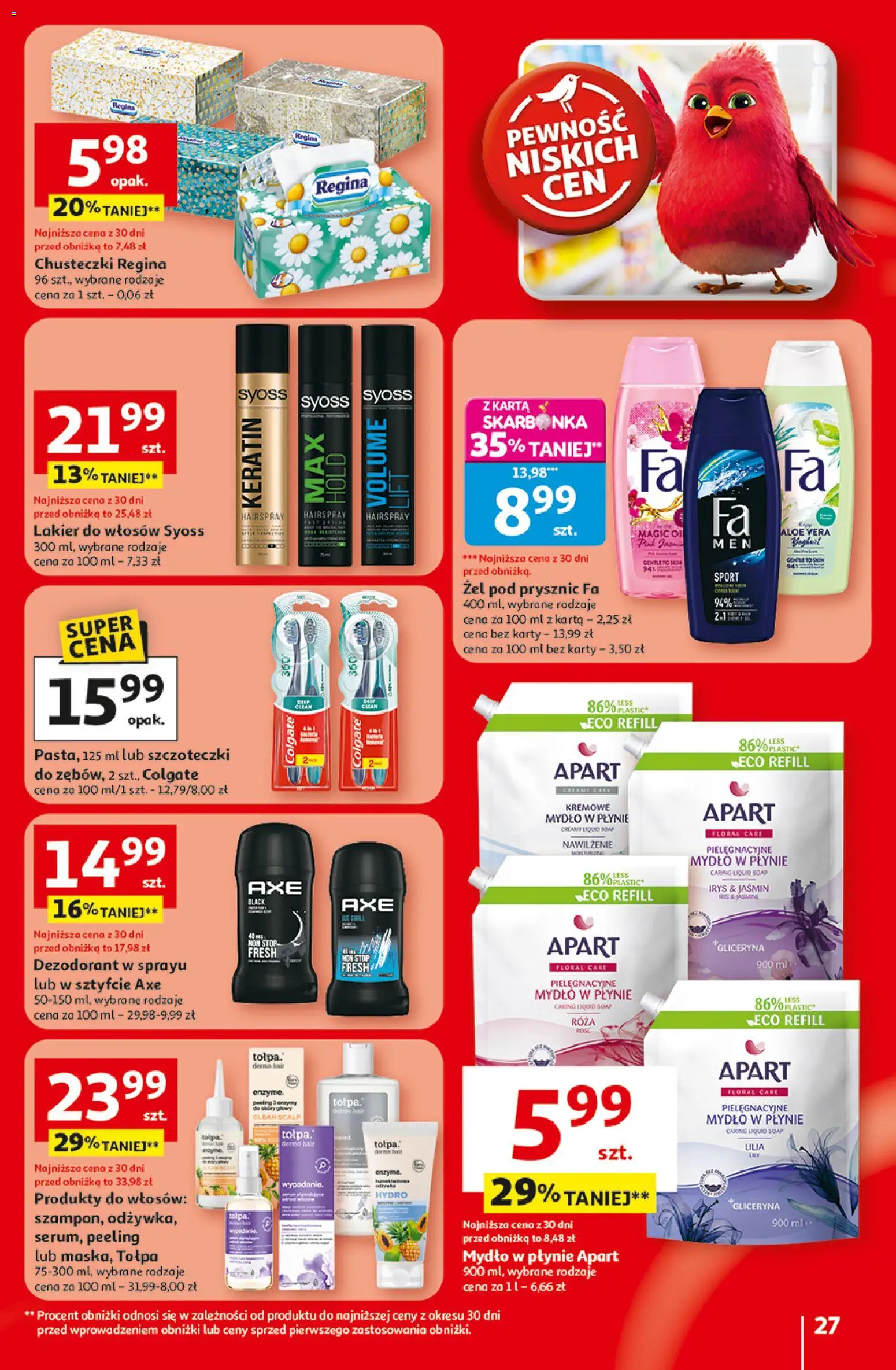 Auchan Gazetka - 30 Lat Hipermarket od 19.02.2026 | Strona: 27 | Produkty: Karta, Lakier do włosów, Peeling, Mydło