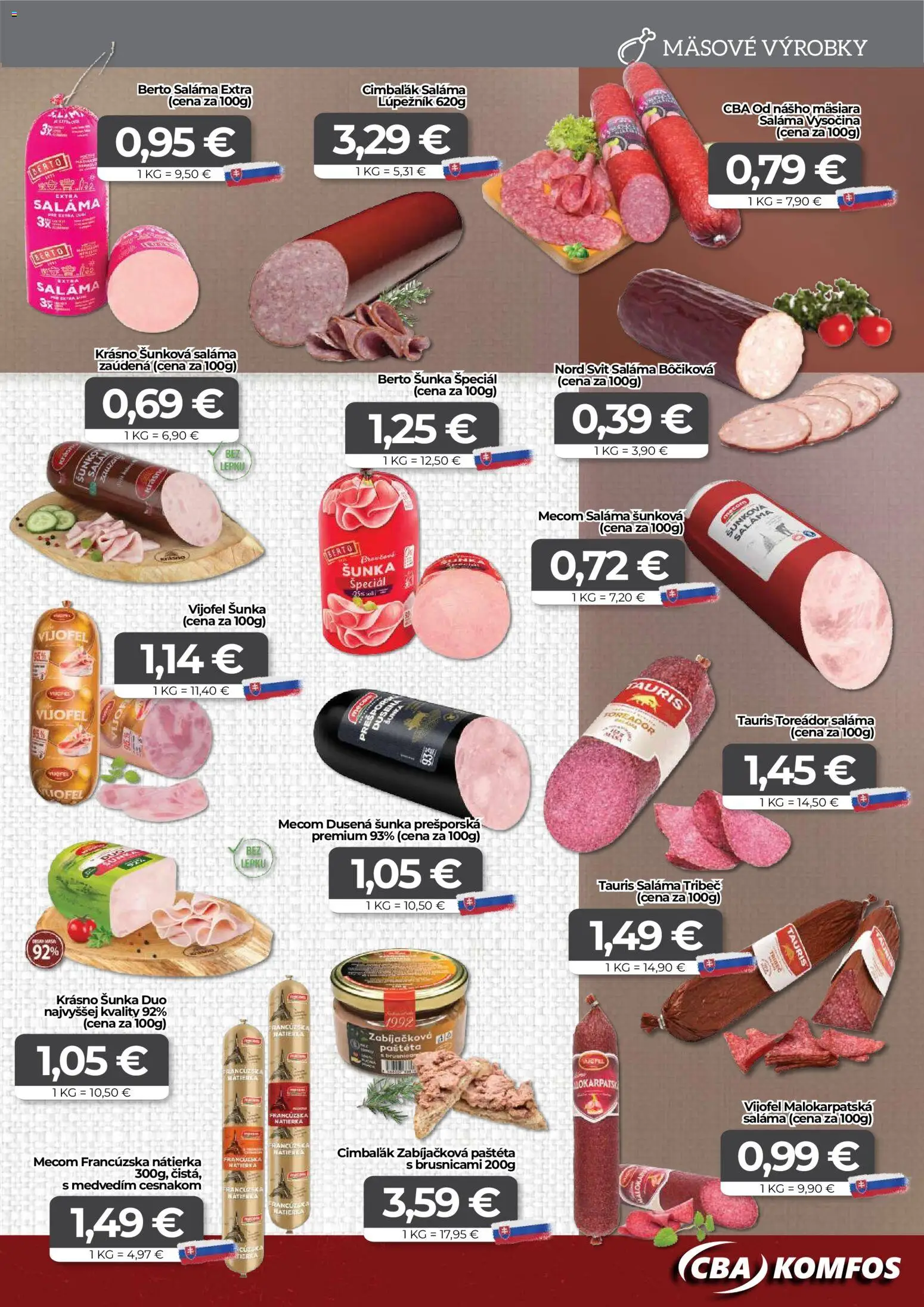Nové CBA Komfos akcie – leták je platný od 20.11.2025 | Strana: 3 | Produkty: Saláma, Šunka