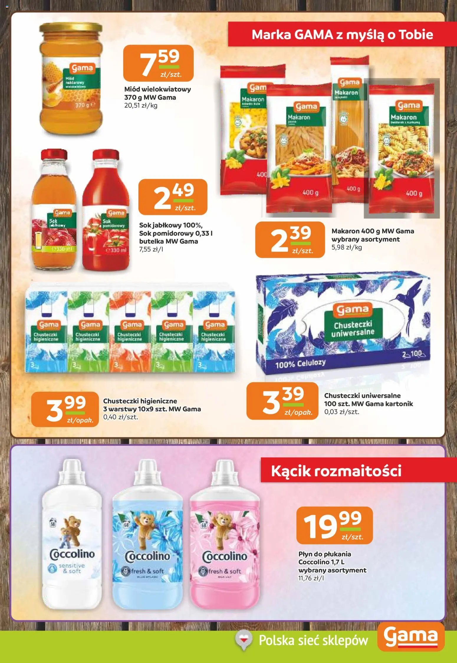 Gama Gazetka od 02.01.2026 | Strona: 9 | Produkty: Miód, Chusteczki higieniczne, Coccolino, Makaron