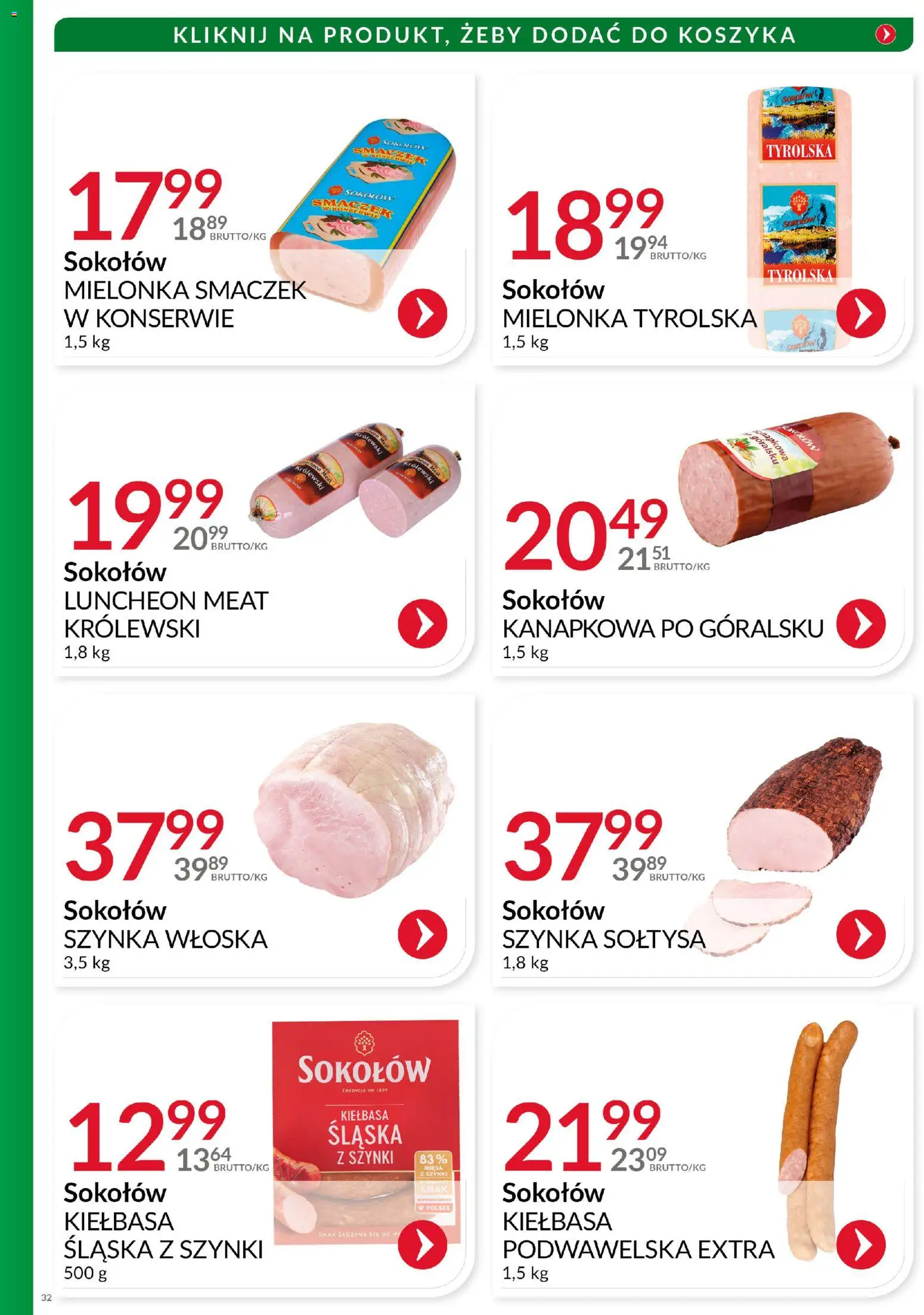 Eurocash Gazetka - Katalog Wędlin od 01.12.2025 | Strona: 32 | Produkty: Kiełbasa, Mielonka tyrolska, Szynka, Kiełbasa śląska