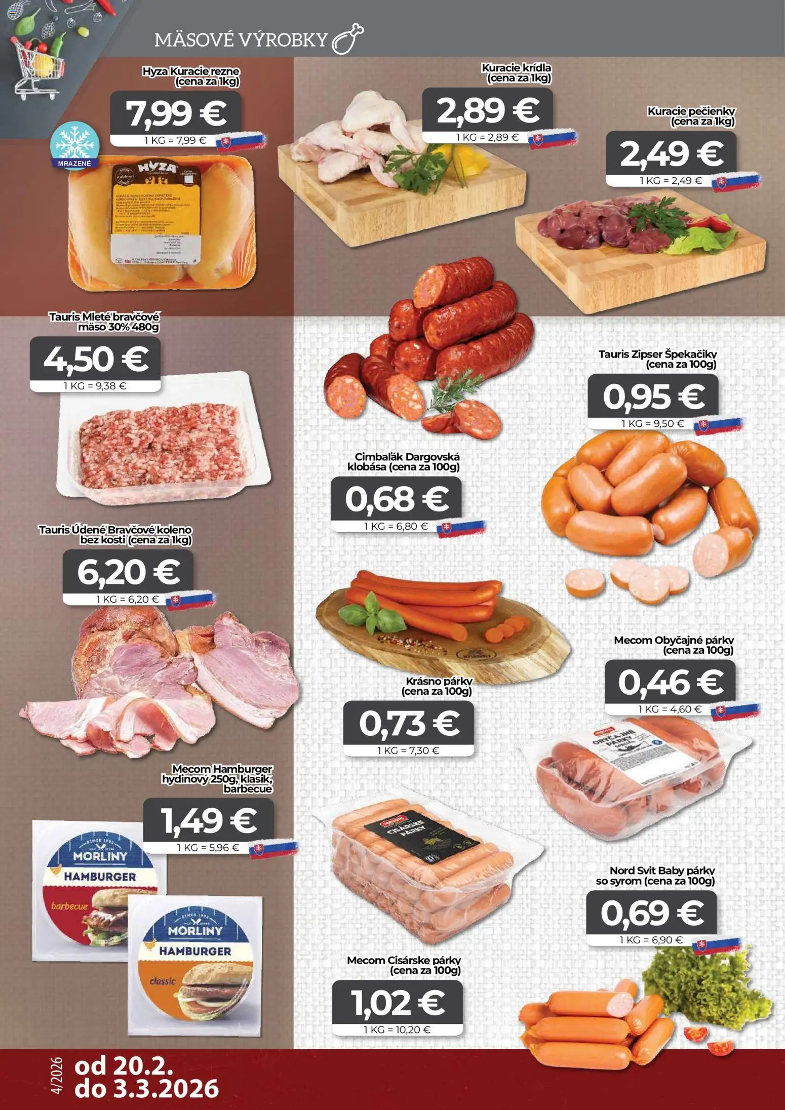 Nové CBA Komfos akcie – leták je platný od 20.02.2026 | Strana: 2 | Produkty: Klobása, Bravčové koleno, Kuracie rezne, Kuracie krídla