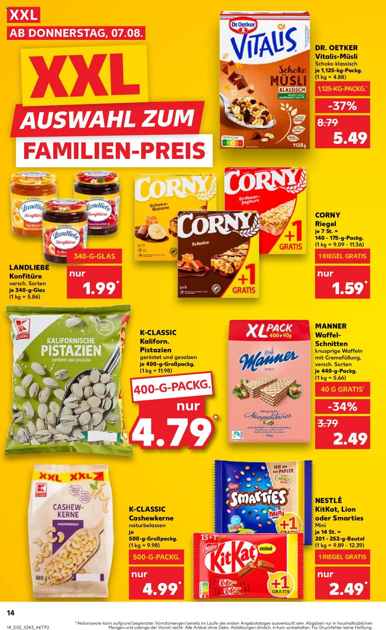 Kaufland prospekt Speyer	 - gültig ab dem 07.08.2025 | Seite: 14 | Produkte: Musli, Corny riegel, Smarties, Pistazien