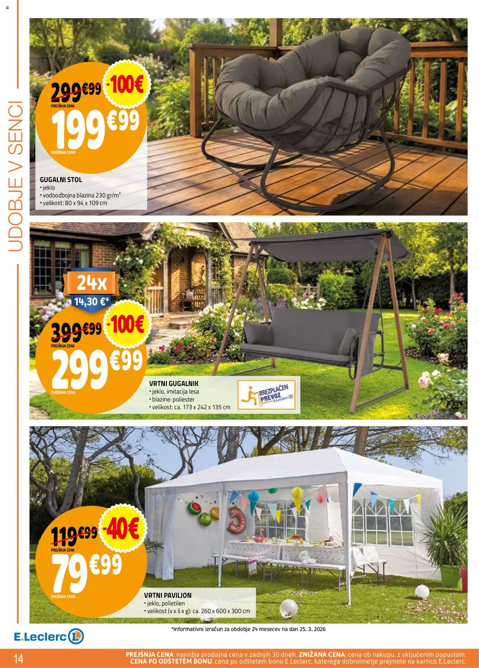 Novi E.leclerc katalog ponudbe – veljaven od 08.04.2026 | Stran: 14 | Izdelki: Gugalnik, Paviljon, Blazina, Stol