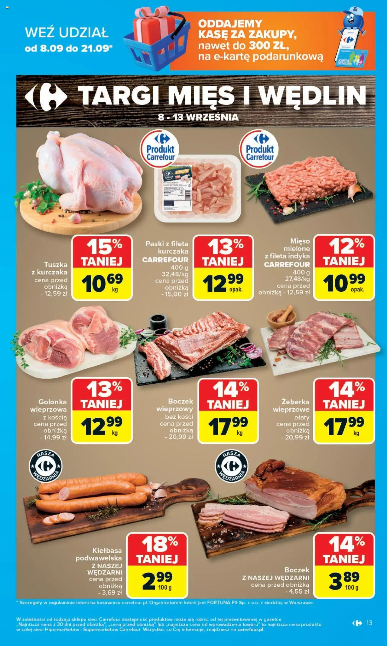 Carrefour Gazetka od 08.09.2025 | Strona: 13 | Produkty: Kiełbasa, Mięso, Boczek, Kiełbasa podwawelska