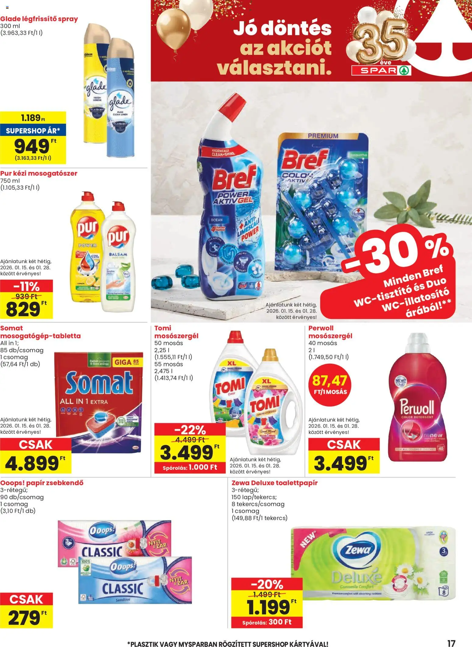 Spar akciós ujság - amely érvényes a következő dátumtól: 15.01.2026 | Oldal: 17 | Termékek: Perwoll, Somat, Légfrissítő, Mosogatószer