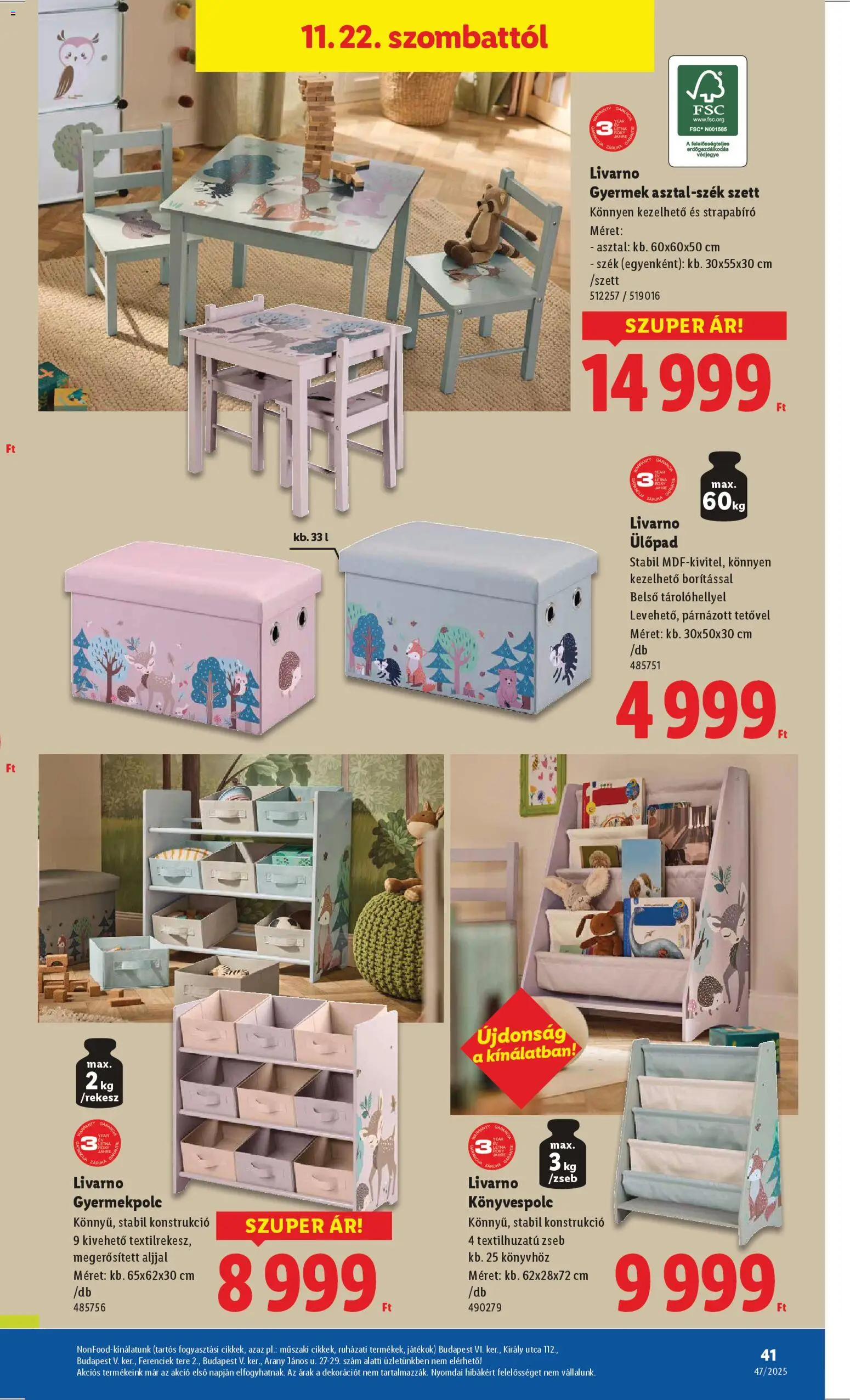 Lidl akciós ujság - amely érvényes a következő dátumtól: 20.11.2025 | Oldal: 41 | Termékek: Könyvespolc, Ülőpad, Asztal, Szék