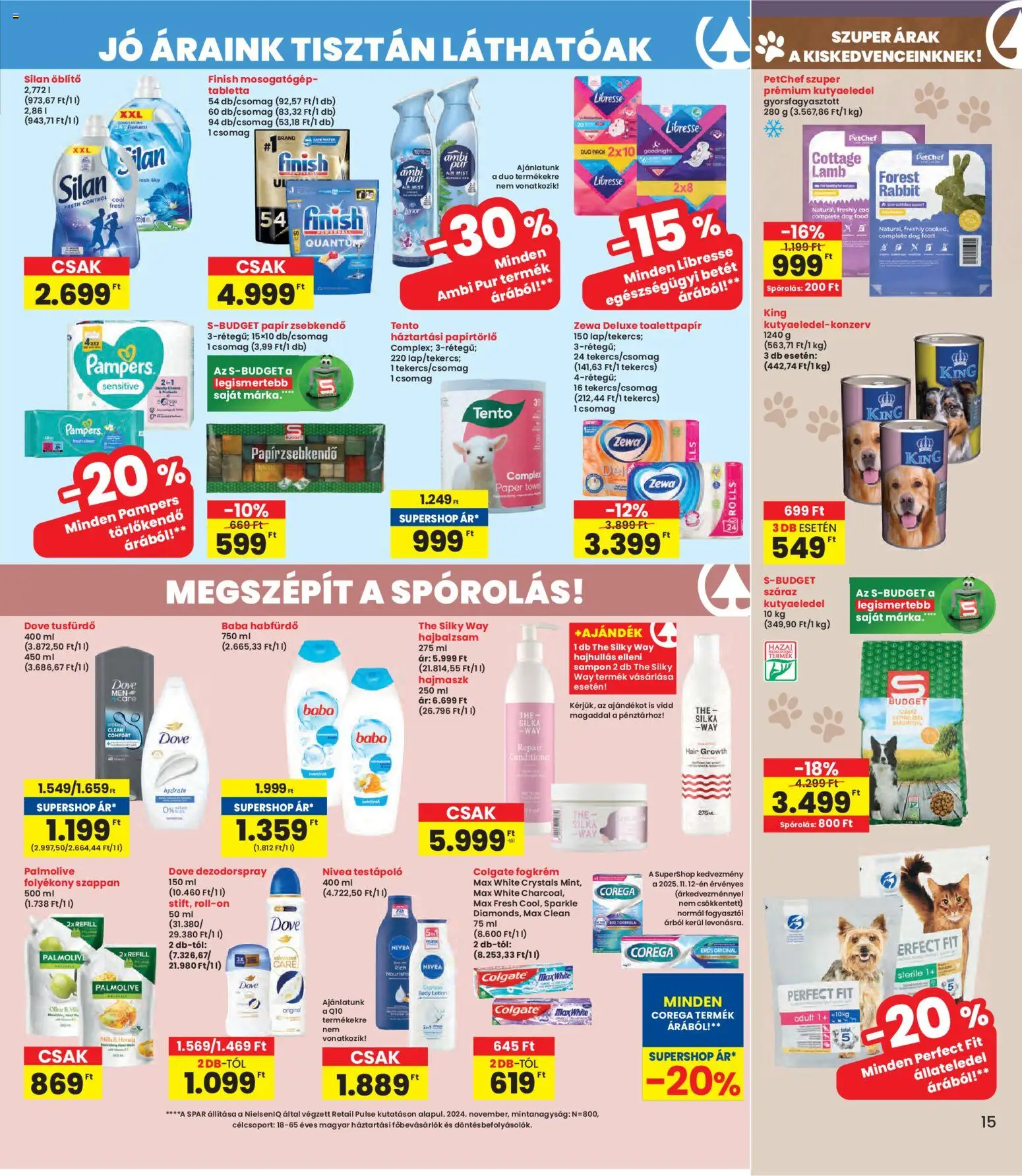 Interspar akciós ujság - amely érvényes a következő dátumtól: 13.11.2025 | Oldal: 15 | Termékek: Pampers, Kutyaeledel, Sampon, Testápoló