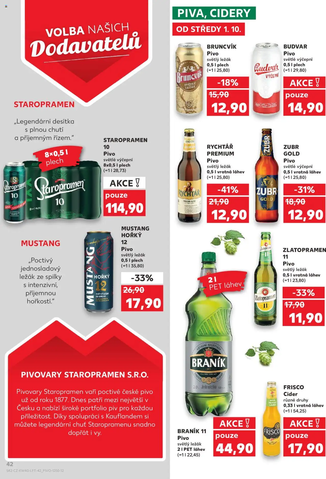 Kaufland leták od 01.10.2025 | Strana: 42 | Produkty: Zlatopramen, Braník, Zlatopramen 11, Láhev