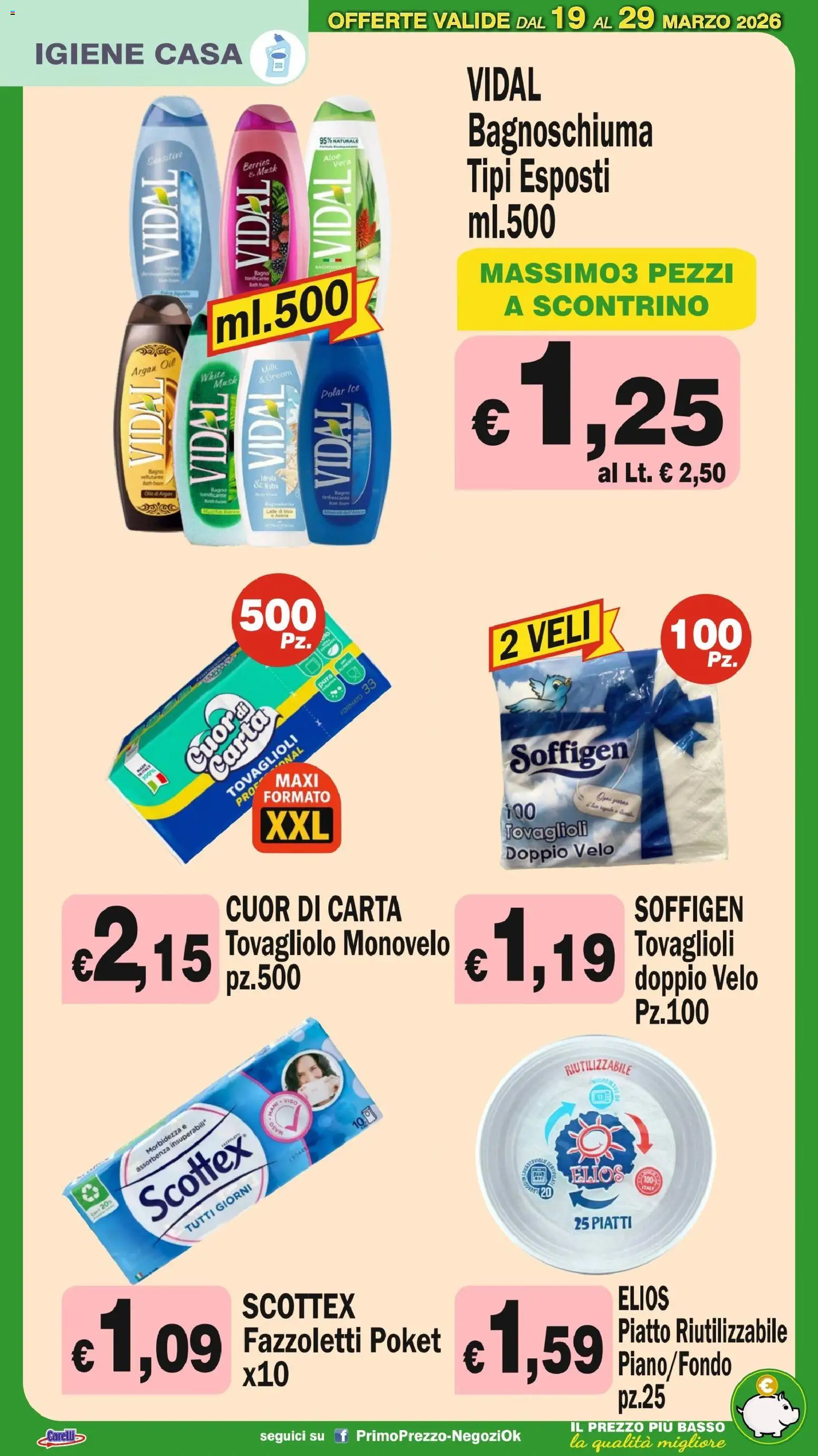 Volantino Primo Prezzo del 19.03.2026 | Pagina: 25 | Prodotti: Fazzoletti, Latte, Olio, Piatto