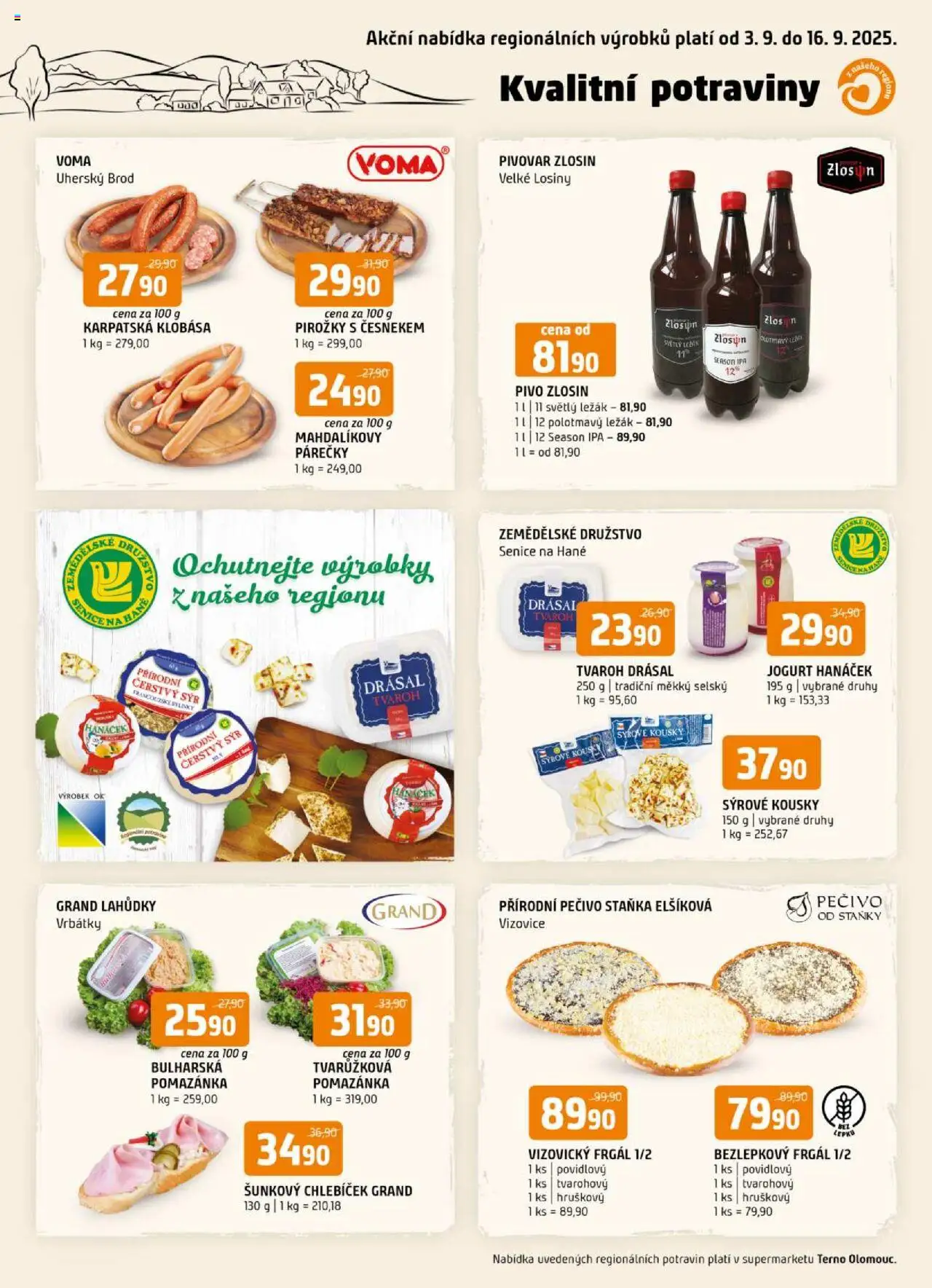 Terno leták - Olomouc od 03.09.2025 | Strana: 1 | Produkty: Pivo, Pomazánka, Potraviny, Čerstvý sýr