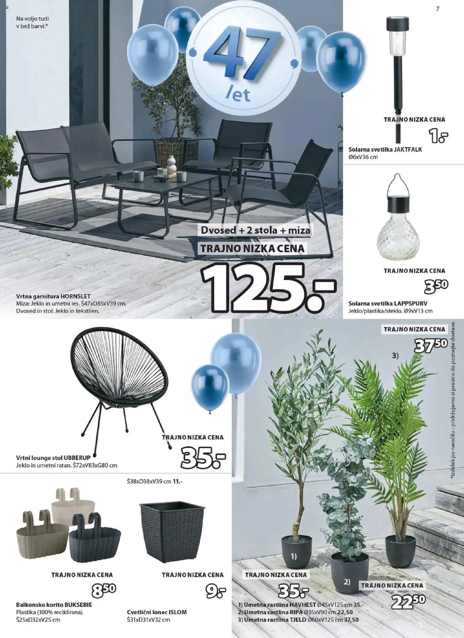 Novi JYSK katalog ponudbe – veljaven od 08.04.2026 | Stran: 7 | Izdelki: Solarna svetilka, Dvosed, Umetna rastlina, Miza