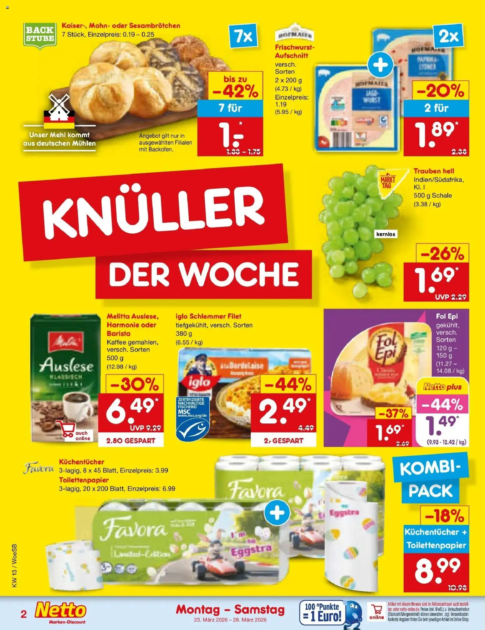 Netto Marken-Discount Prospekt Katzweiler	 – gültig ab 23.03.2026 | Seite: 2 | Produkte: Melitta, Trauben, Kaffee, Iglo