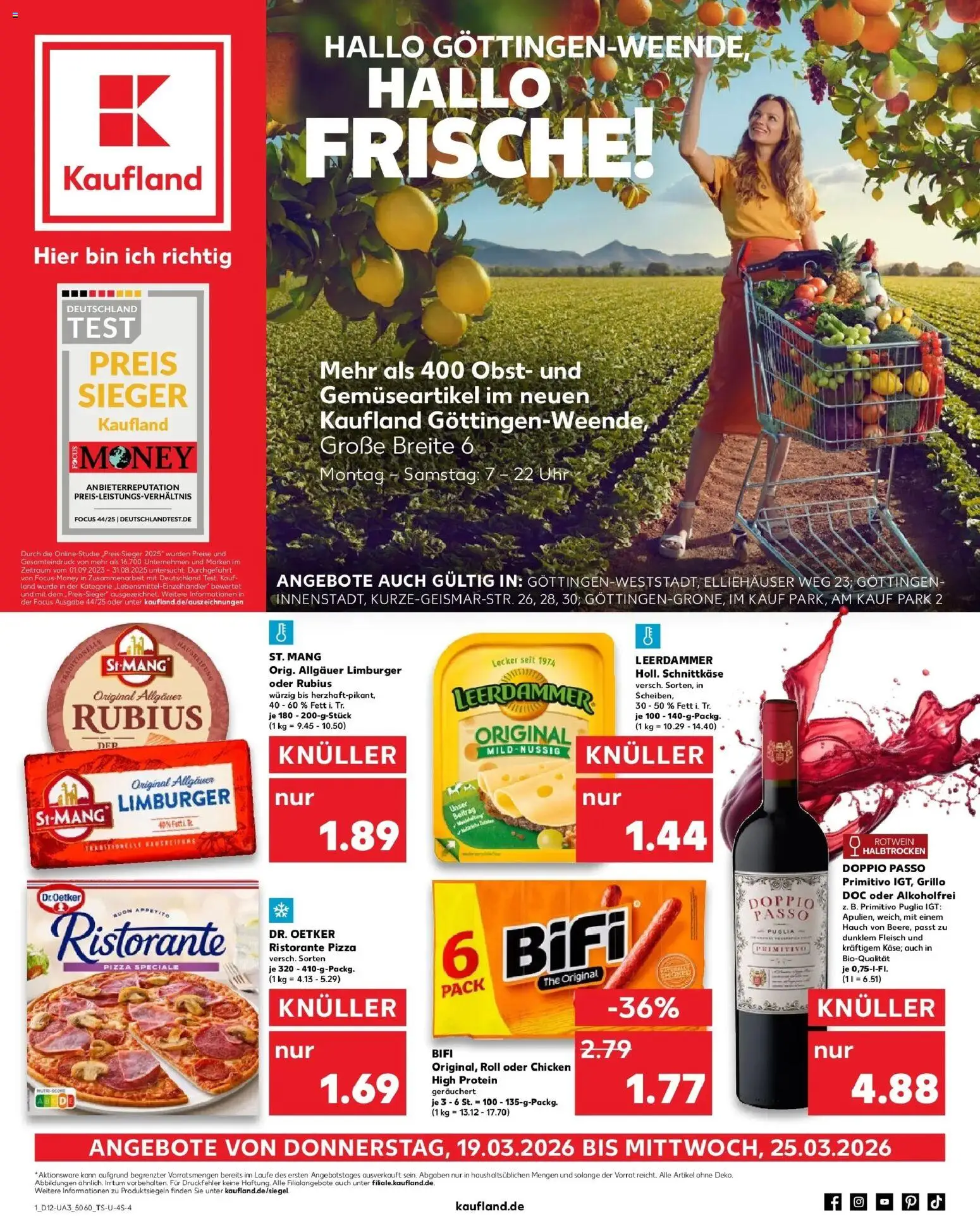 Kaufland Prospekt Göttingen	 – gültig ab 19.03.2026 | Seite: 1 | Produkte: Rotwein halbtrocken, Doppio passo primitivo, Leerdammer, Pizza