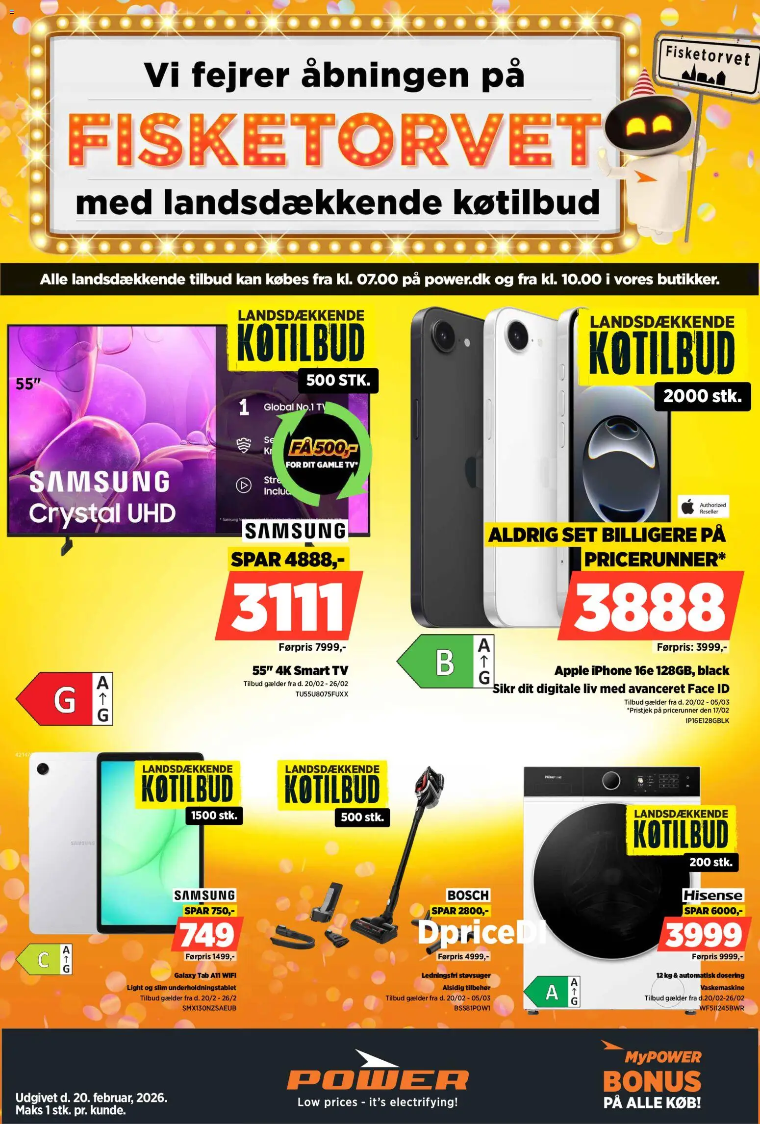 Power tilbudsavis – gyldig fra 20.02.2026 | Side: 1 | Produkter: Smart TV, TV, Vaskemaskine, Støvsuger