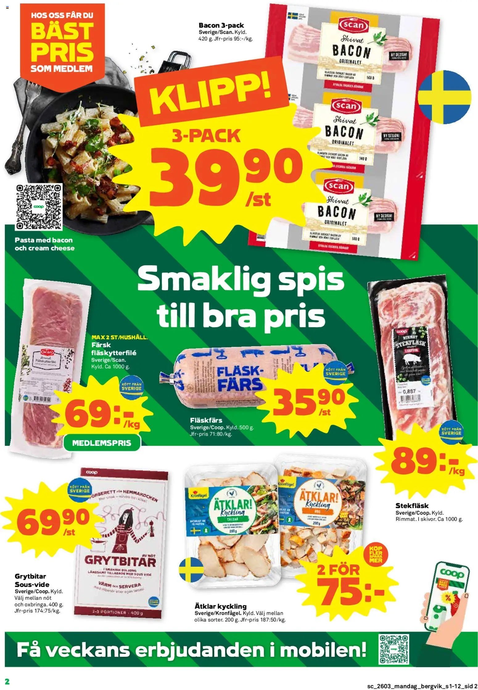 Stora Coop reklamblad aktuell från 12.01.2026 | Sida: 2 | Produkter: Bacon, Fläskytterfilé, Fläsk, Pasta
