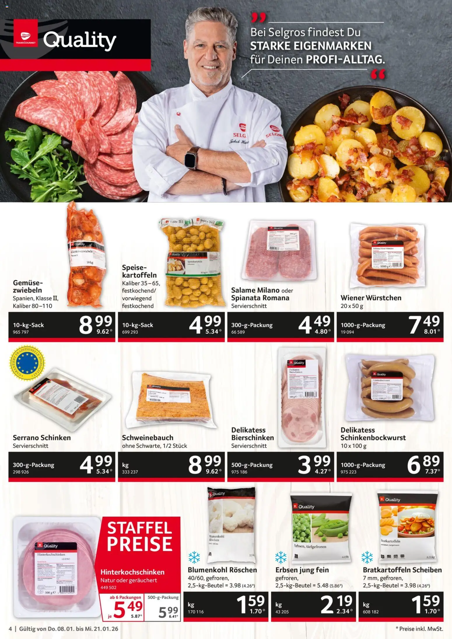 Selgros Gastronomie – gültig ab 08.01.2026 | Seite: 4 | Produkte: Wiener wurstchen, Kartoffeln, Gemüse, Schinken