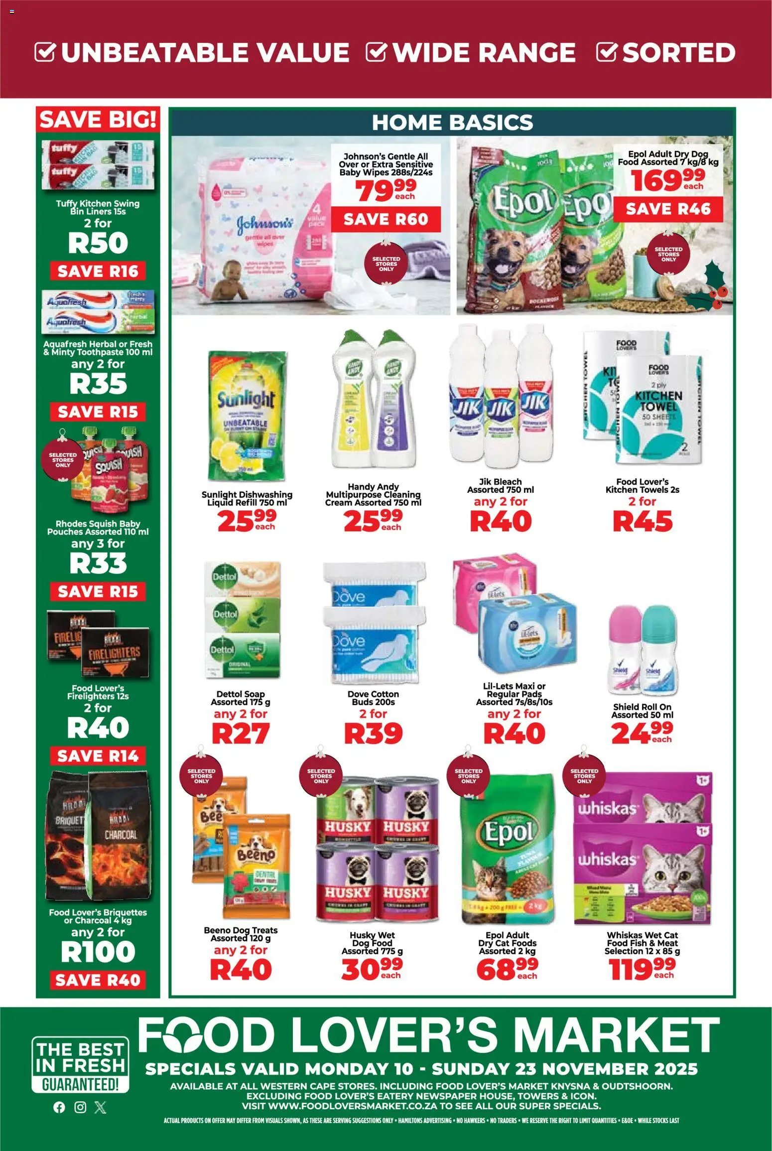 New Food Lover's Market catalogue – valid from 10.11.2025 | Page: 8 | Products: Pads, Towel, Bleach, Dog food