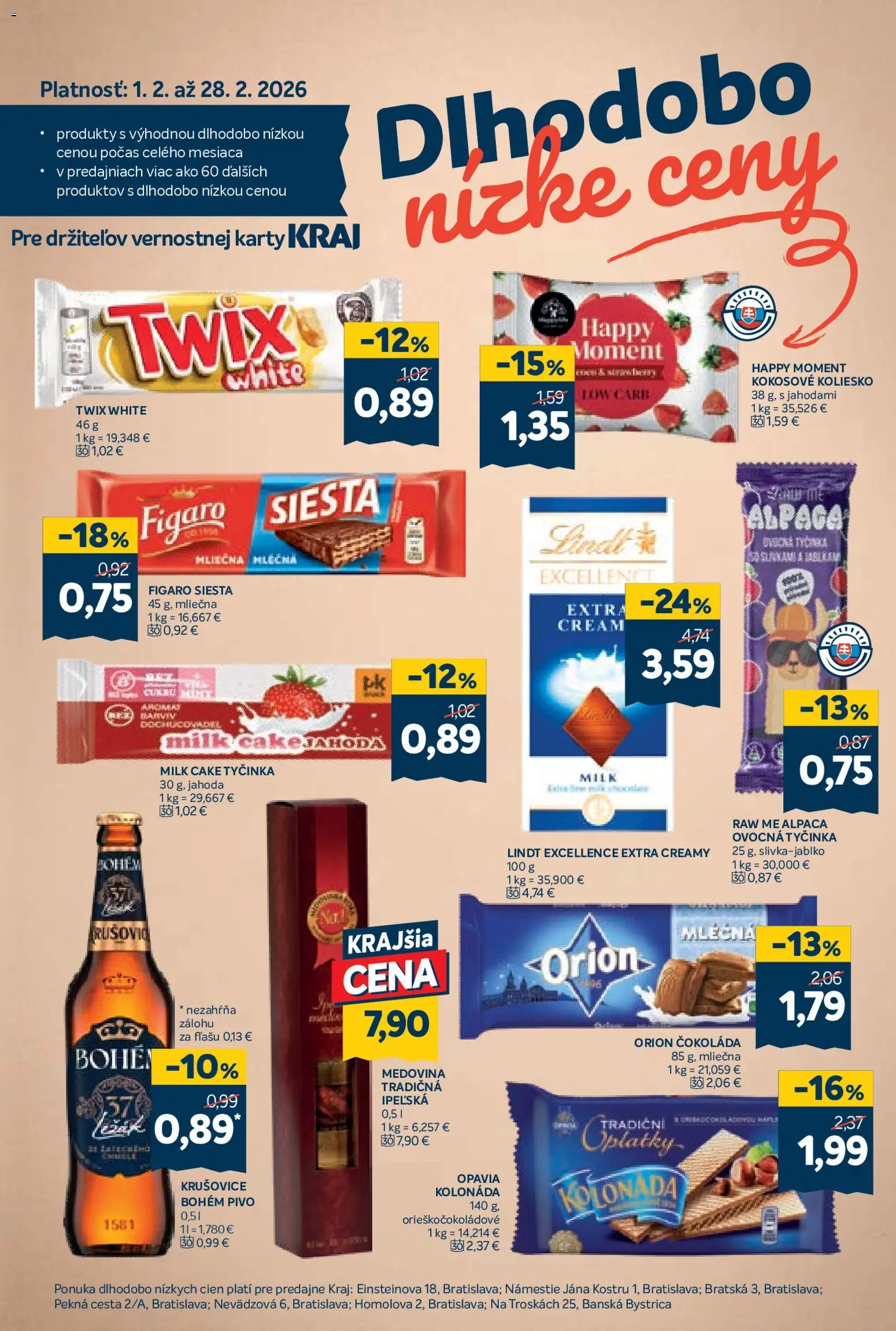 Nové Kraj akcie – leták je platný od 12.02.2026 | Strana: 15 | Produkty: Pivo, Lindt, Krušovice, Čokoláda
