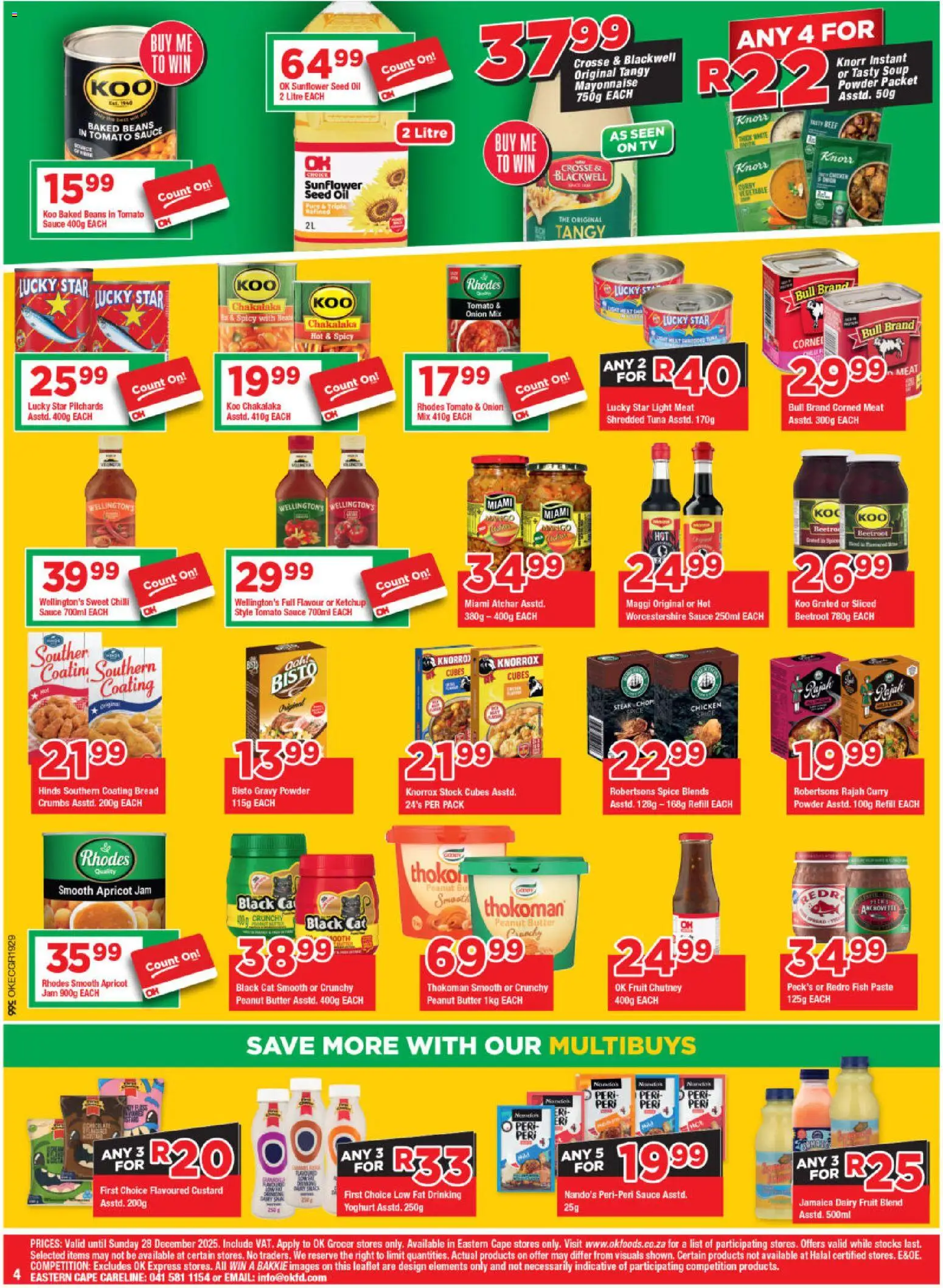New OK Foods catalogue – valid from 10.12.2025 | Page: 4 | Products: Pilchards, Corned meat, Atchar, Fruit