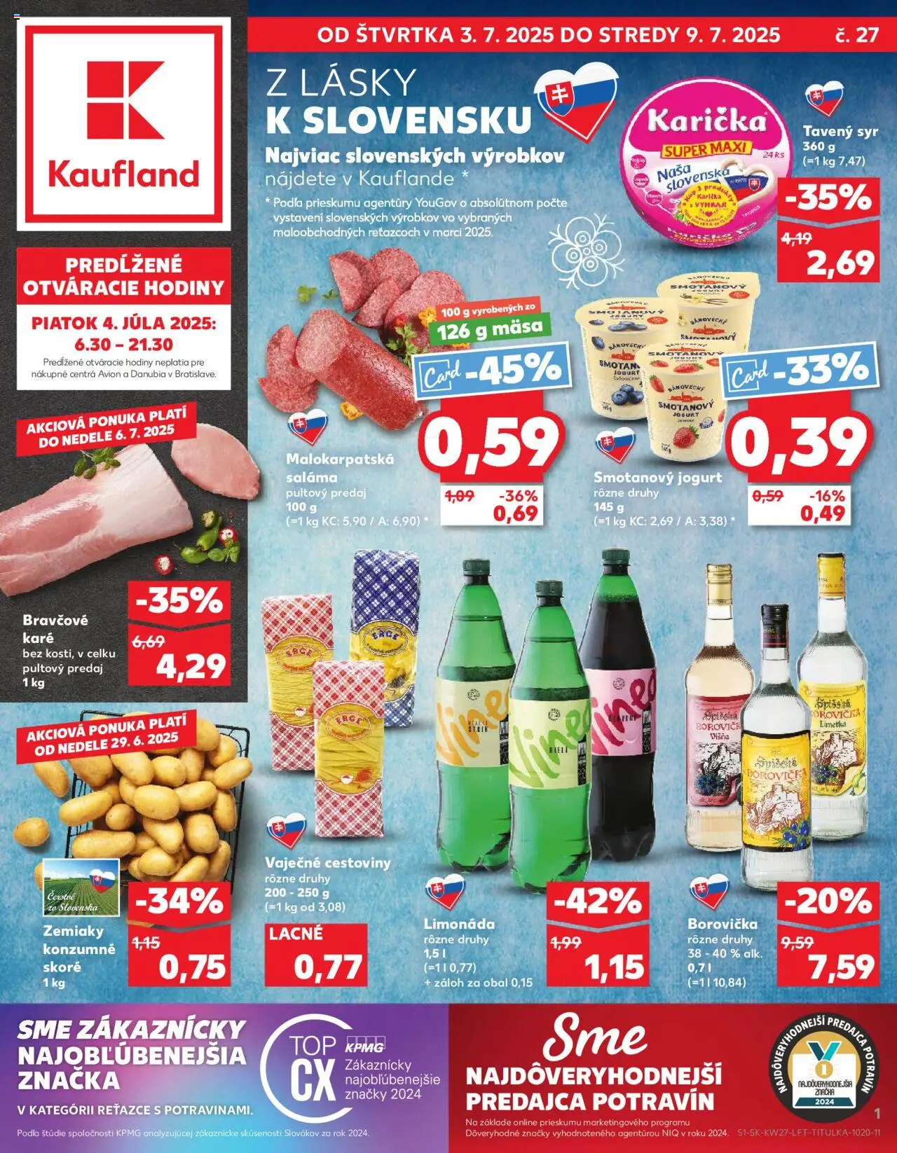 Nové Kaufland akcie – leták je platný od 03.07.2025 | Strana: 1 | Produkty: Hodiny, Cestoviny, Borovička