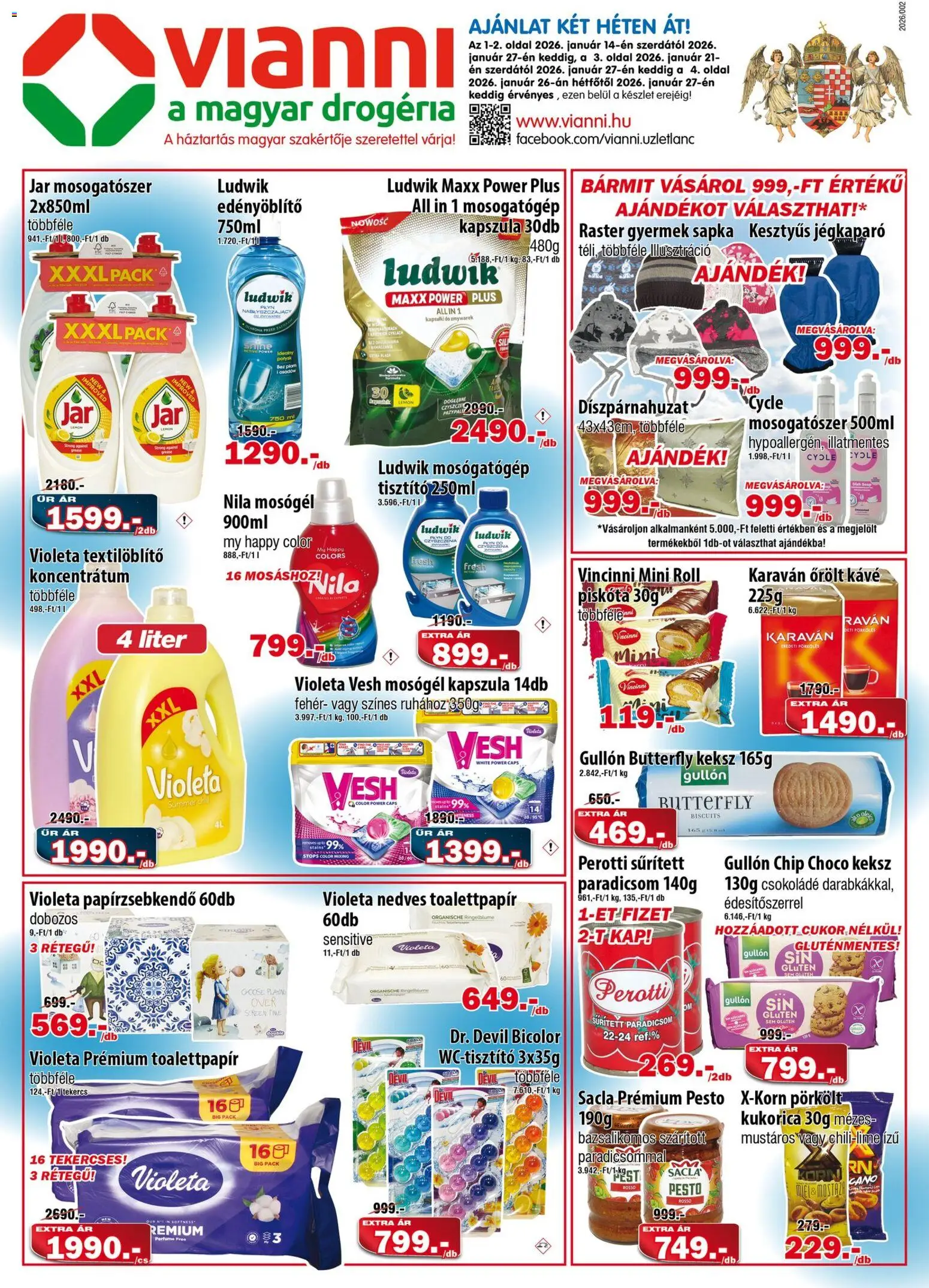 Vianni akciós ujság - amely érvényes a következő dátumtól: 14.01.2026 | Oldal: 1 | Termékek: Mosogatógép, Mosógél, Kávé, Csokoládé