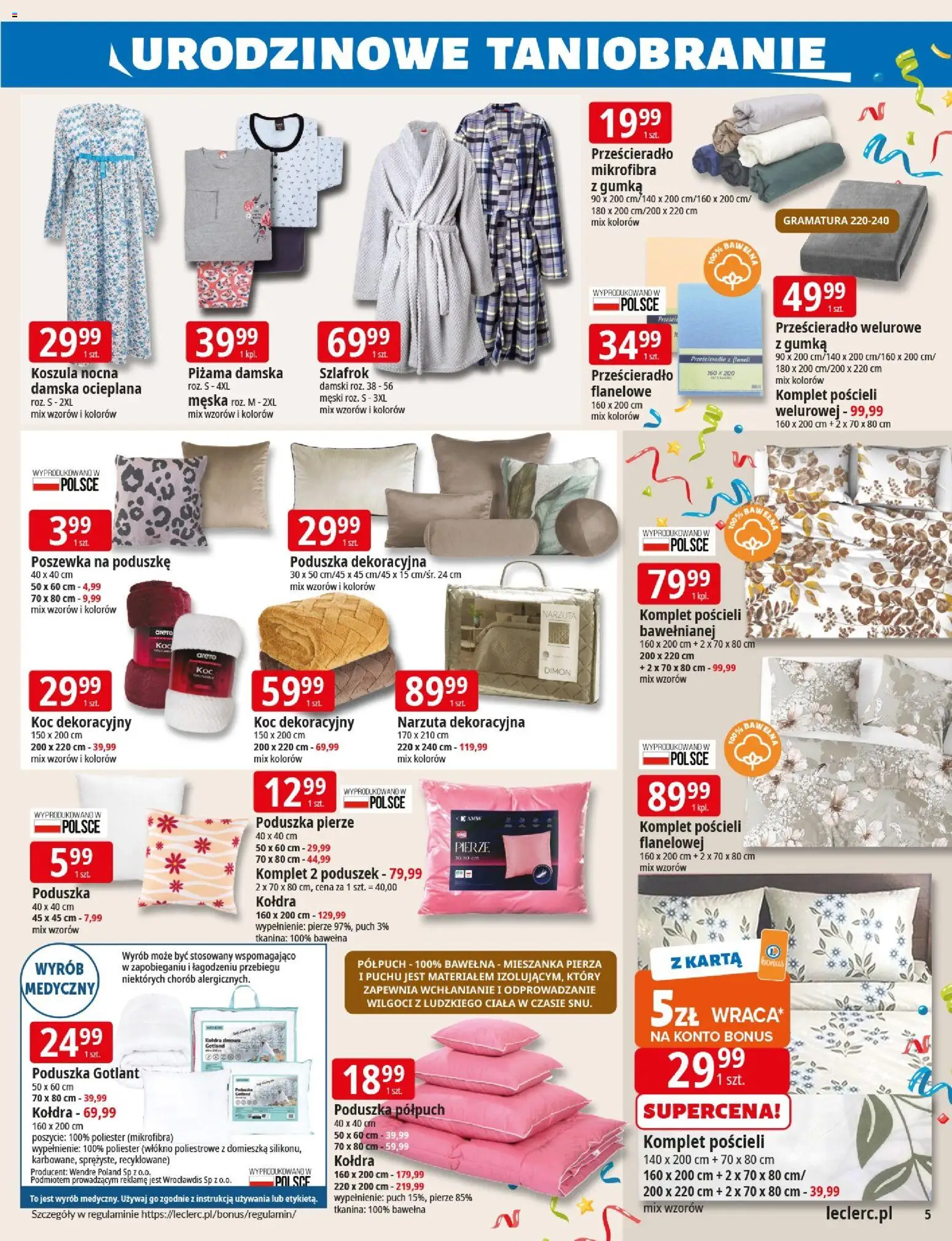 E.Leclerc Gazetka - Wrocław od 04.11.2025 | Strona: 5 | Produkty: Piżama, Szlafrok, Poduszka, Kołdra
