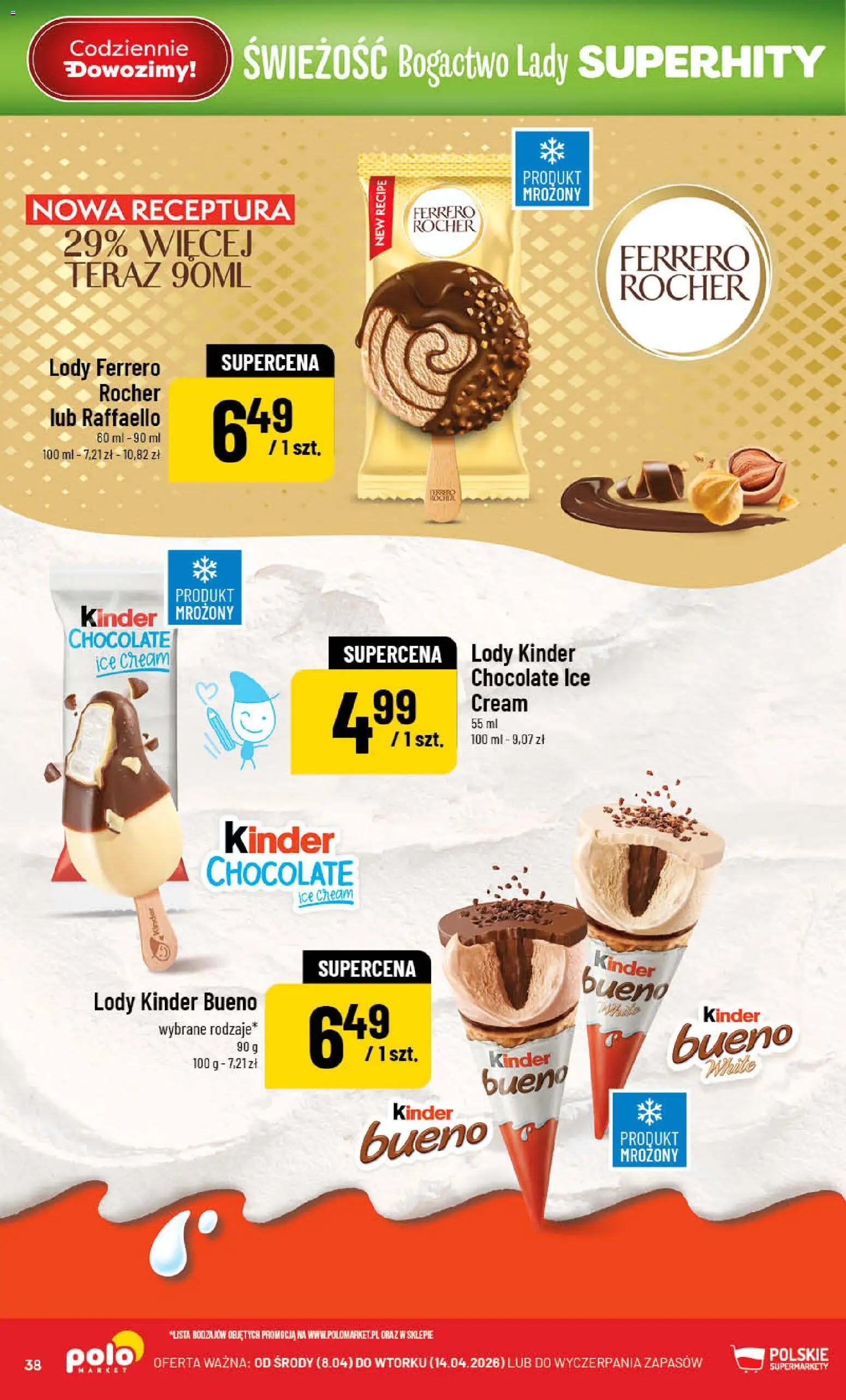 POLOmarket gazetka od 08.04.2026 | Strona: 38 | Produkty: Kinder Bueno, Lody, Ferrero rocher