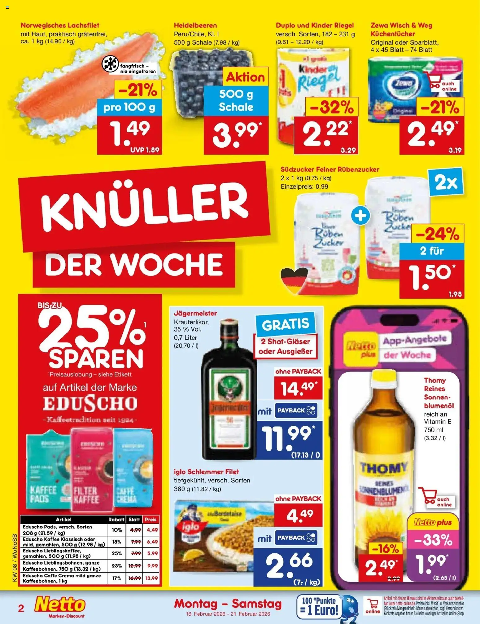 Netto Marken-Discount prospekt Lahnau	 – gültig ab 16.02.2026 | Seite: 2 | Produkte: Kaffee, Jägermeister, Zucker, Eduscho