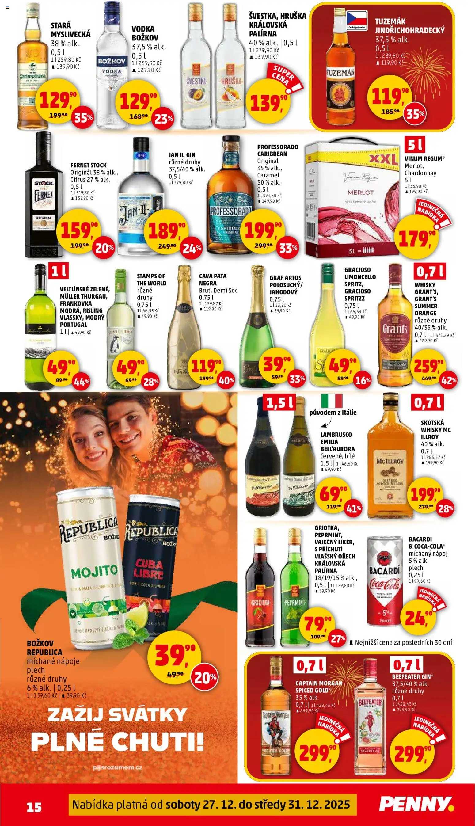Penny Market leták - Čtvrtečník od 27.12.2025 | Strana: 15 | Produkty: Vodka, Republica, Božkov, Beefeater