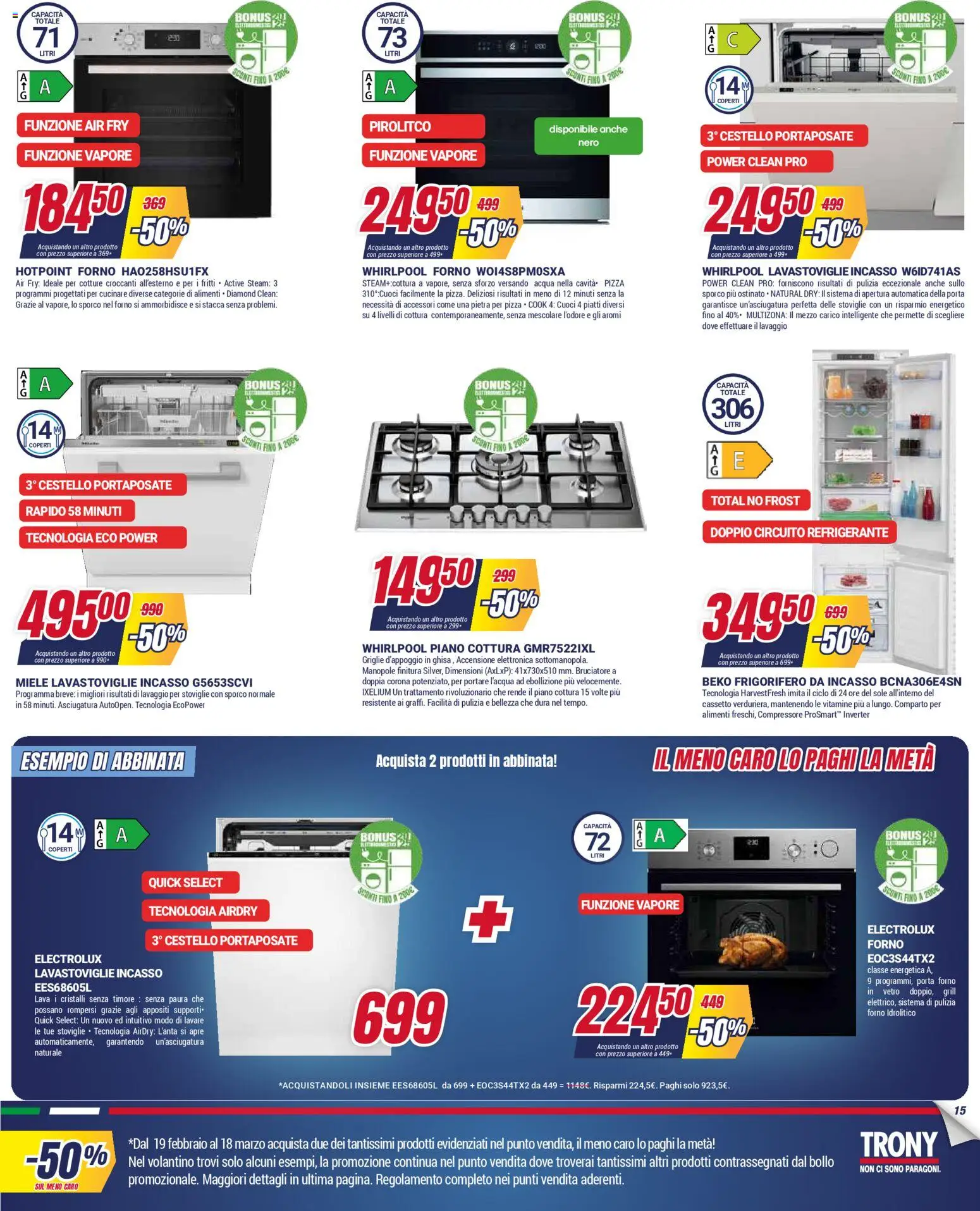 Volantino Trony del 19.02.2026 | Pagina: 15 | Prodotti: Pizza, Acqua, Frigorifero, Miele