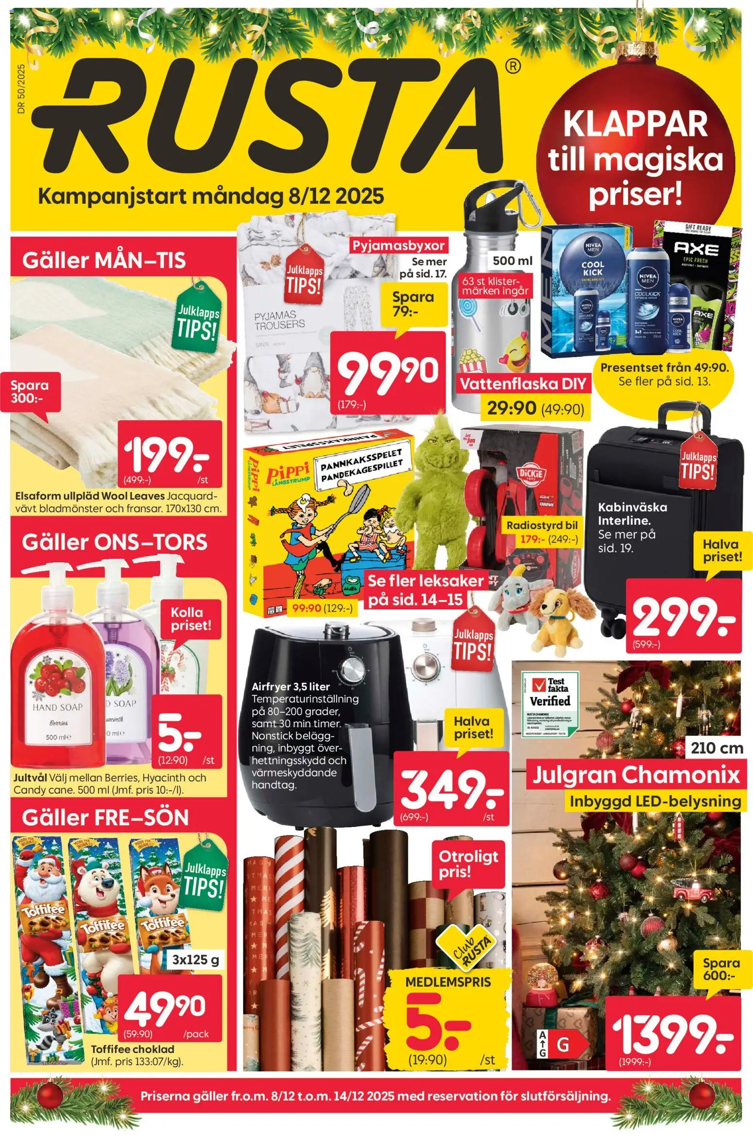Rusta reklamblad aktuell från 08.12.2025 | Sida: 1 | Produkter: Vattenflaska, Choklad, Pyjamas, Airfryer