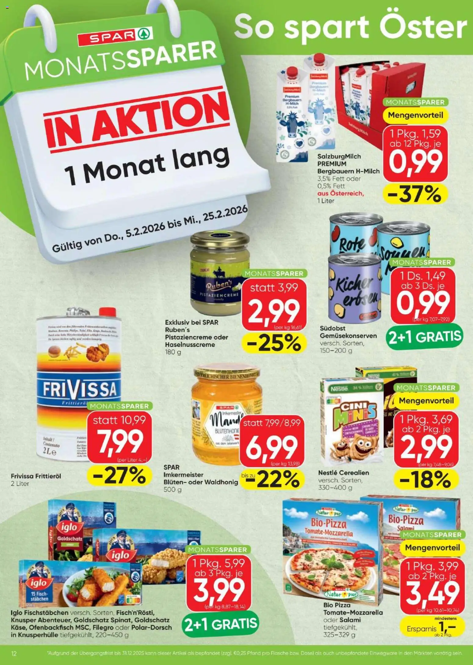 Spar Flugblatt gültig ab 05.02.2026 | Seite: 12 | Produkte: Huile à frire, Salami, Pizza, Fisch