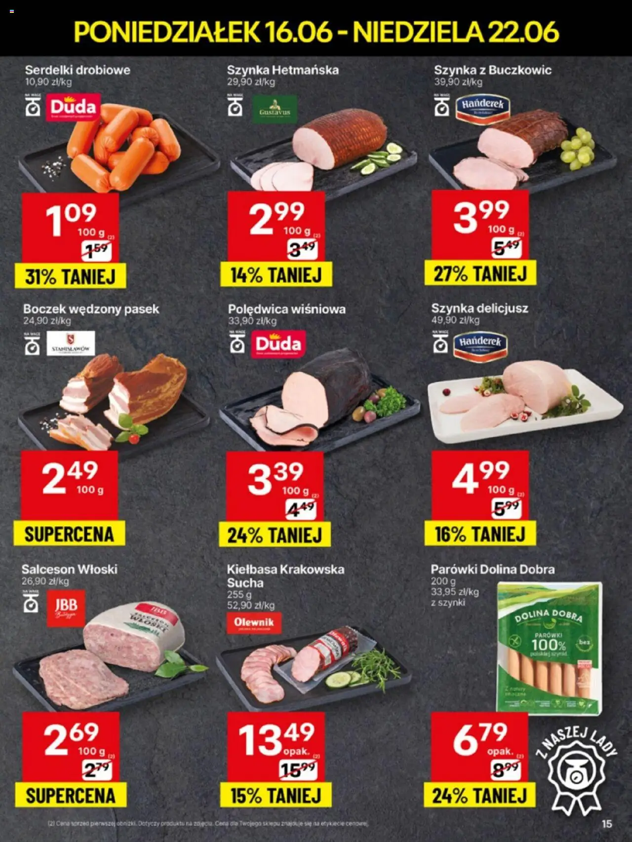 Delikatesy Centrum Gazetka od 16.06.2025 | Strona: 15 | Produkty: Kiełbasa, Pasek, Parówki, Boczek wędzony