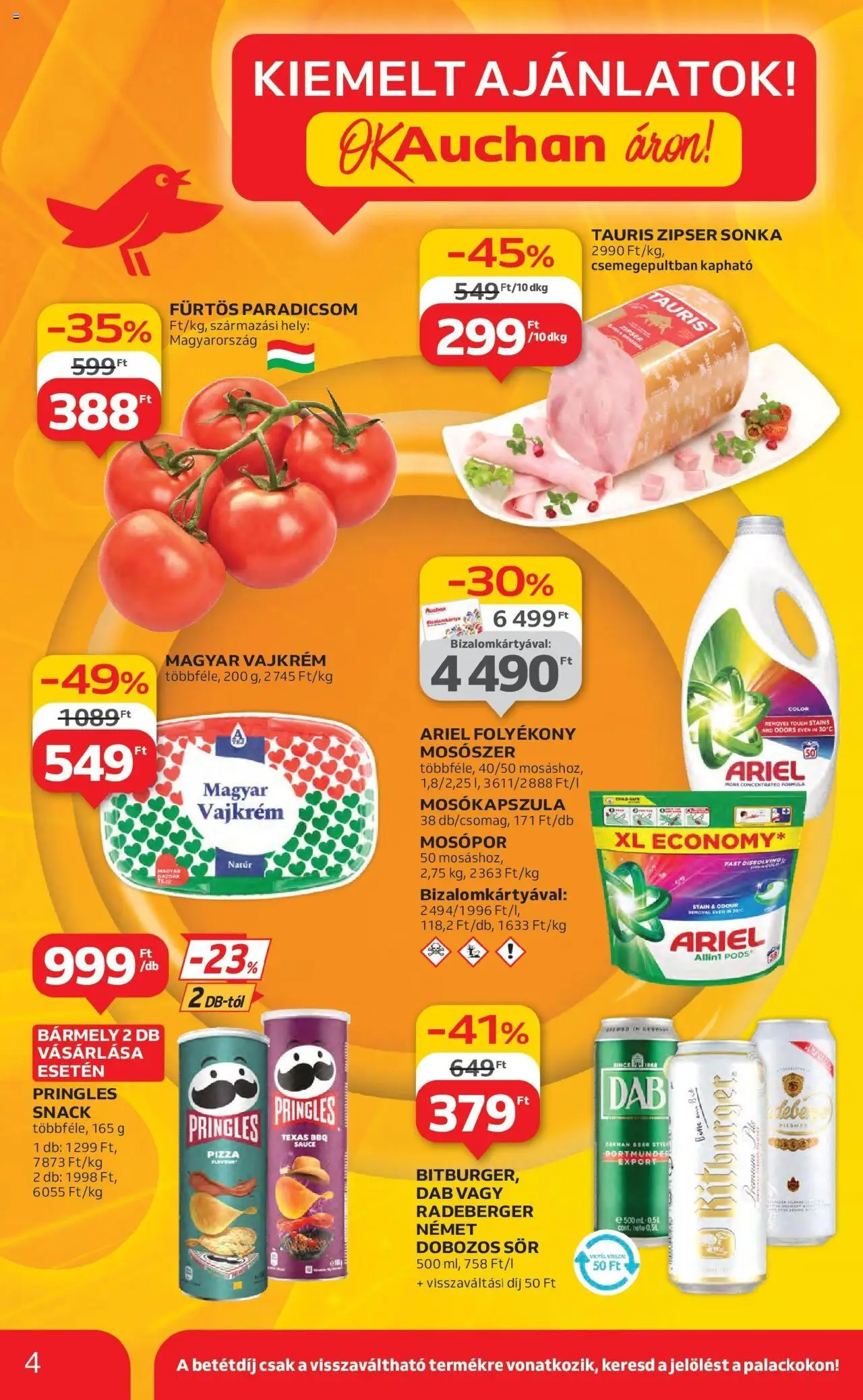 Auchan akciós ujság - amely érvényes a következő dátumtól: 19.06.2025 | Oldal: 4 | Termékek: Folyékony mosószer, Sör, Paradicsom, Vajkrém