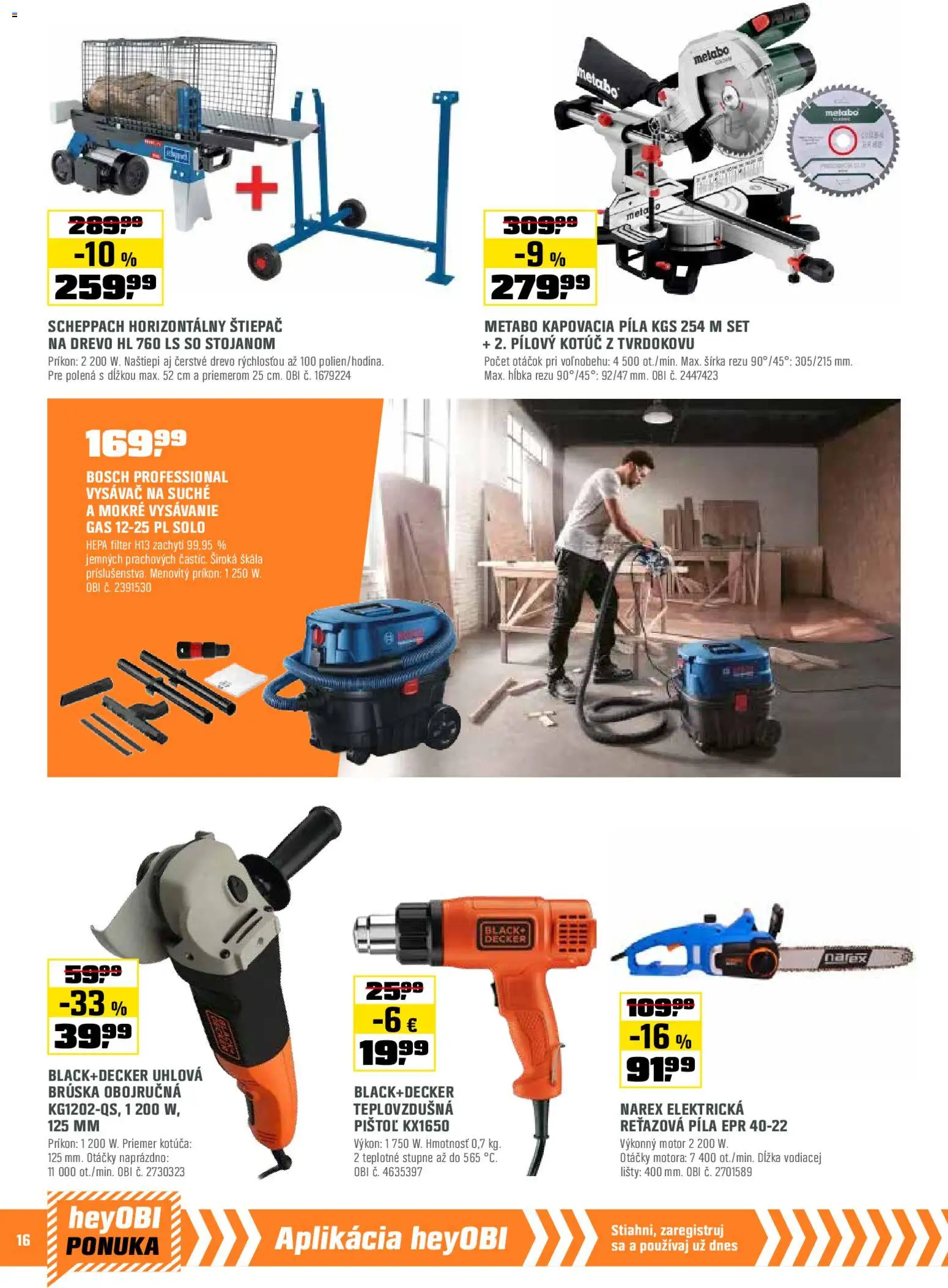 Nové OBI akcie – leták je platný od 01.11.2025 | Strana: 16 | Produkty: Reťazová píla, Píla, Bosch, Vysávač