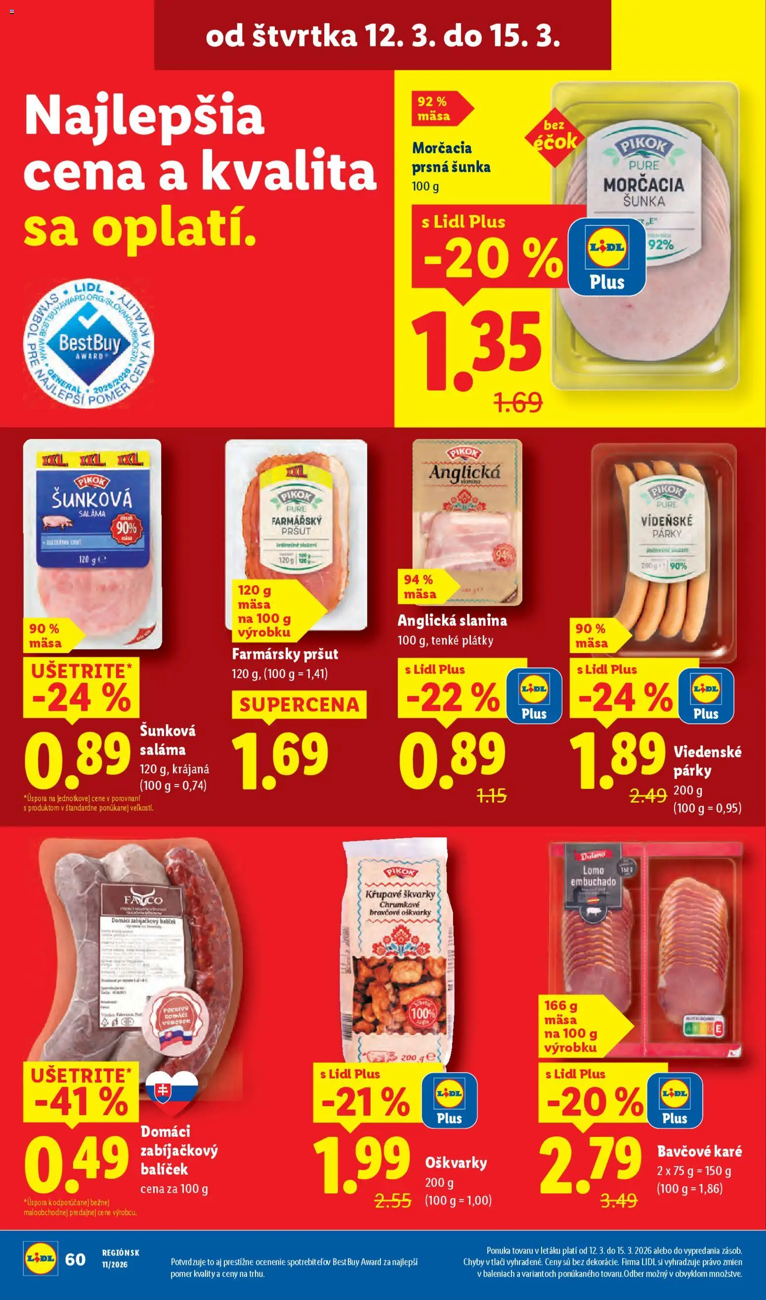 Nové Lidl akcie – leták je platný od 12.03.2026 | Strana: 14 | Produkty: Saláma, Šunka, Slanina, Párky