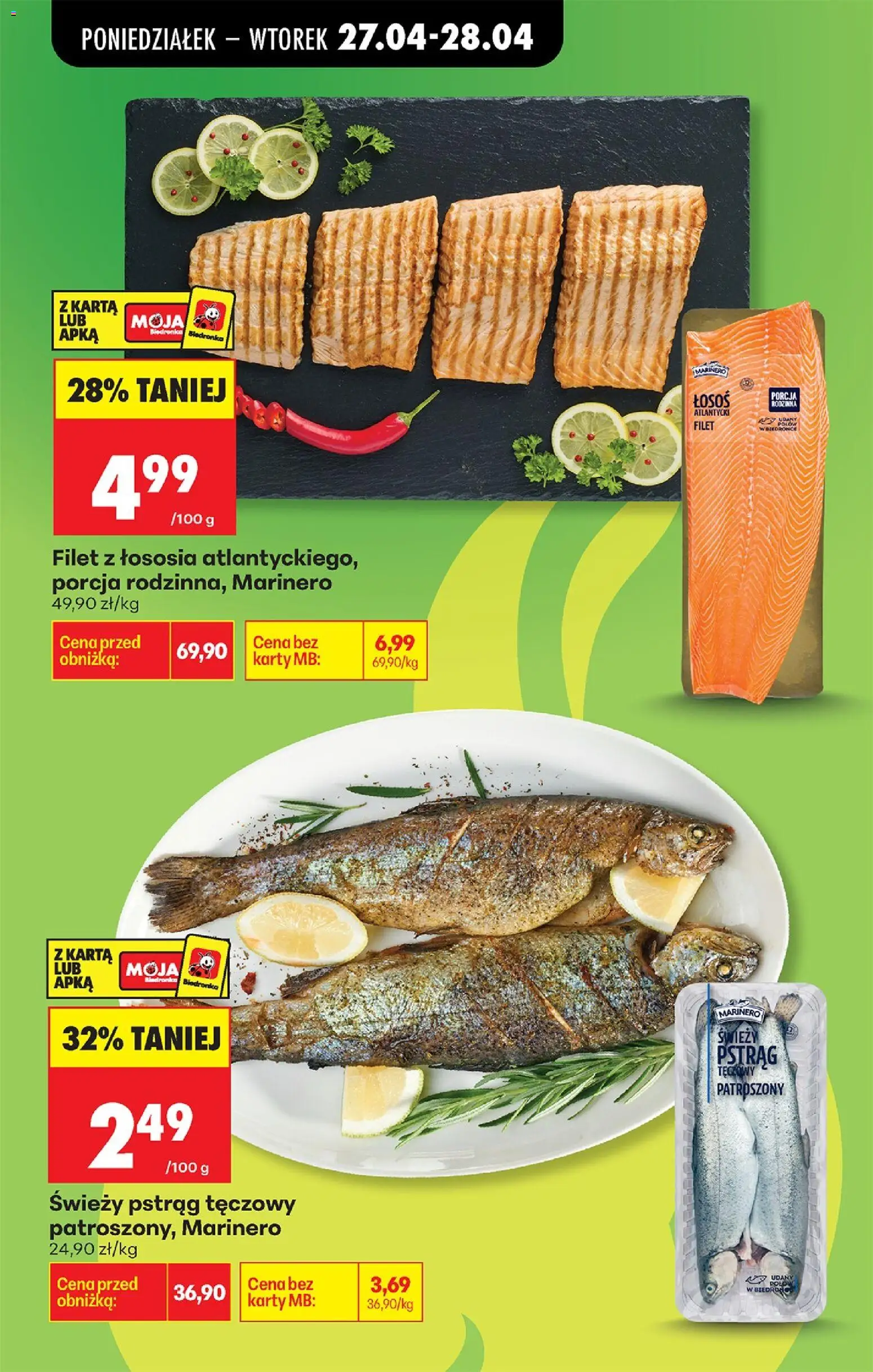 Biedronka gazetka od poniedziałku od 27.04.2026 | Strona: 14 | Produkty: Karta, Pstrąg tęczowy, Świeży pstrąg, Pstrąg