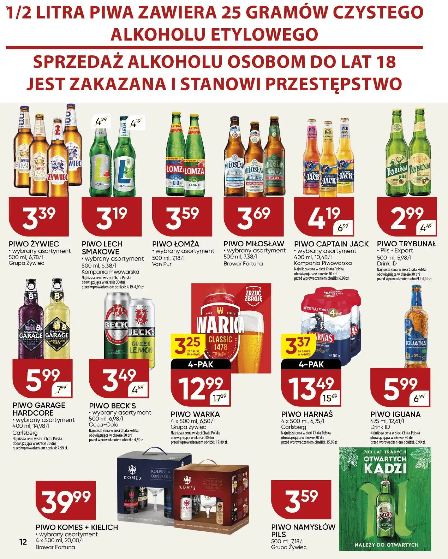 Chata Polska Gazetka od 18.12.2025 | Strona: 12 | Produkty: Piwo Warka, Harnaś, Piwo, Piwo Namysłów