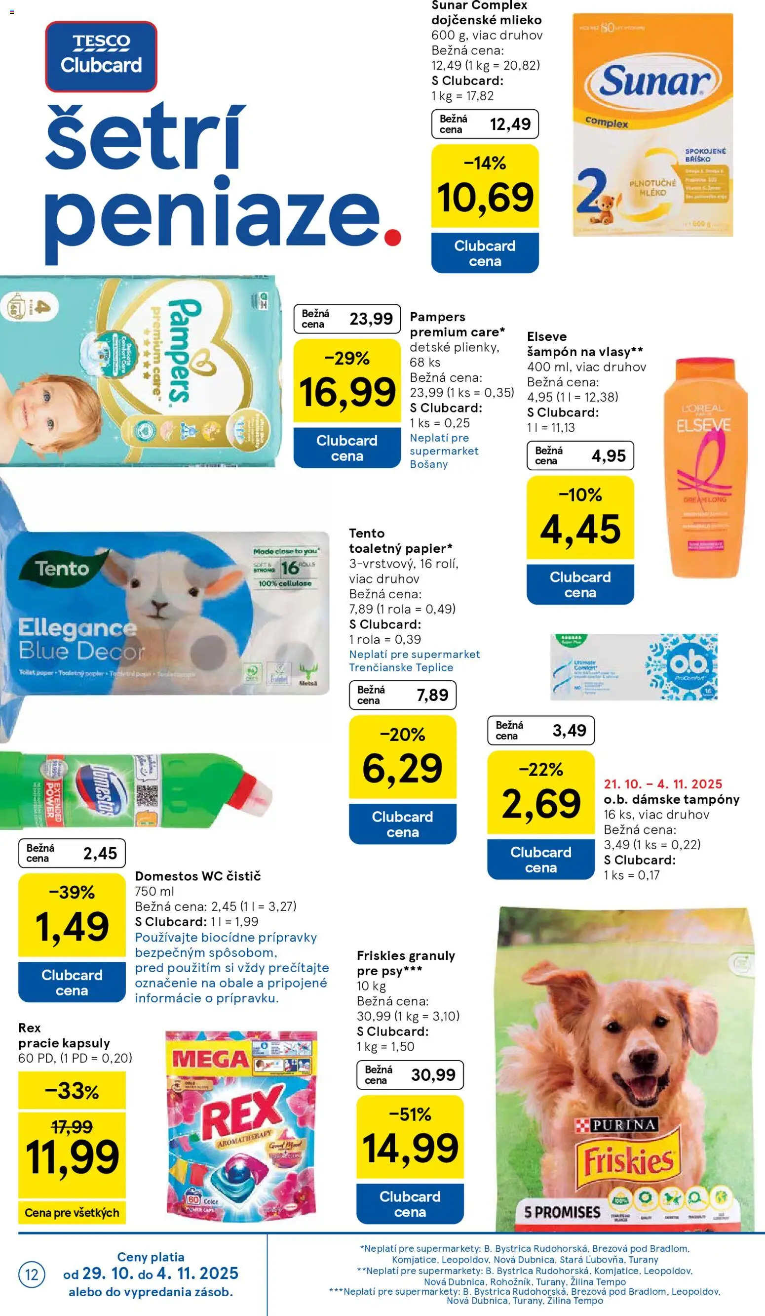 Nové Tesco akcie – leták je platný od 29.10.2025 | Strana: 12 | Produkty: Friskies, Wc, Domestos, Pampers